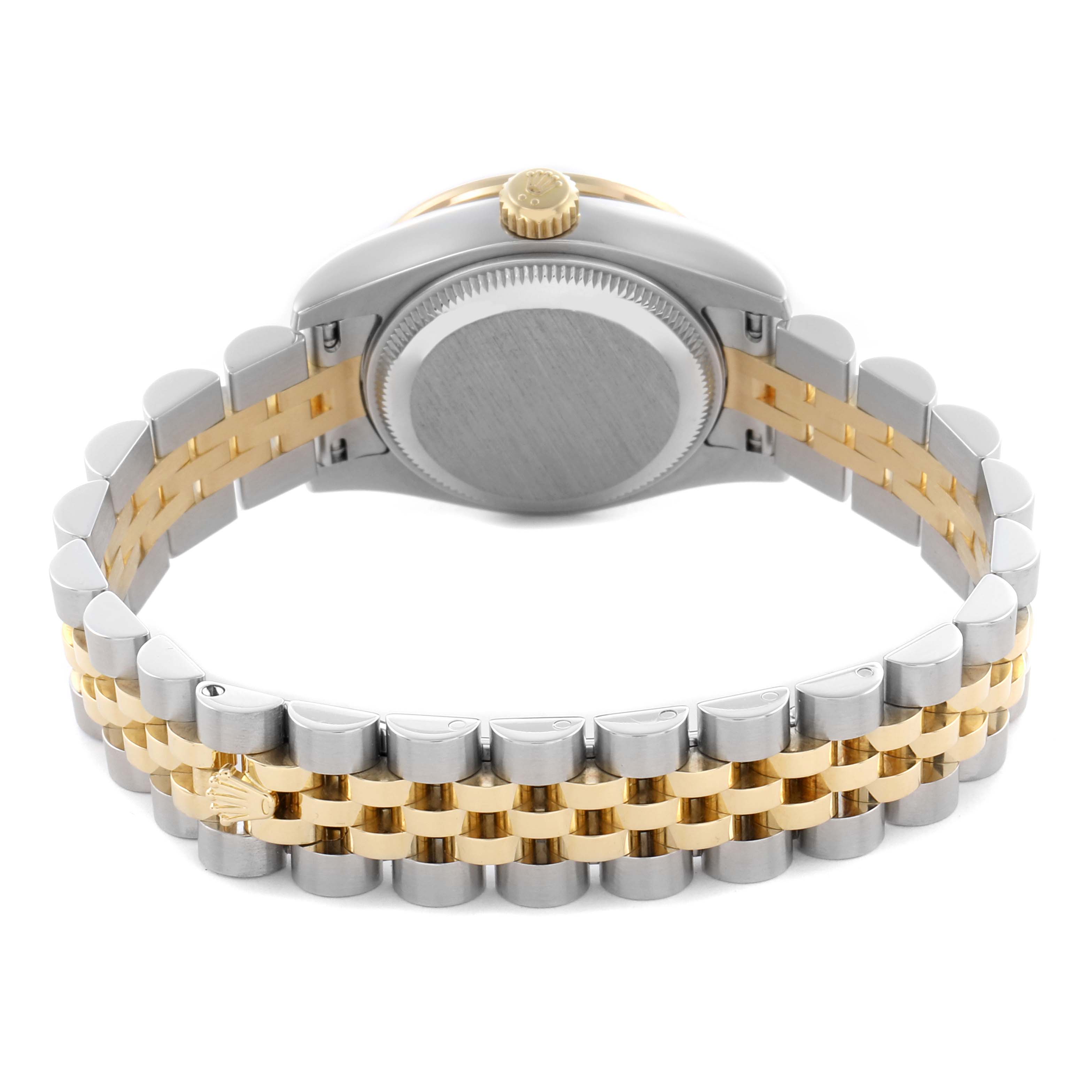 This image shows the back of the Rolex Datejust 179383 Women's Steel and Gold (two tone) White Dial 179383 Women's Steel and Gold (two tone) White Dial watch, highlighting the case back and the two-tone Jubilee bracelet.