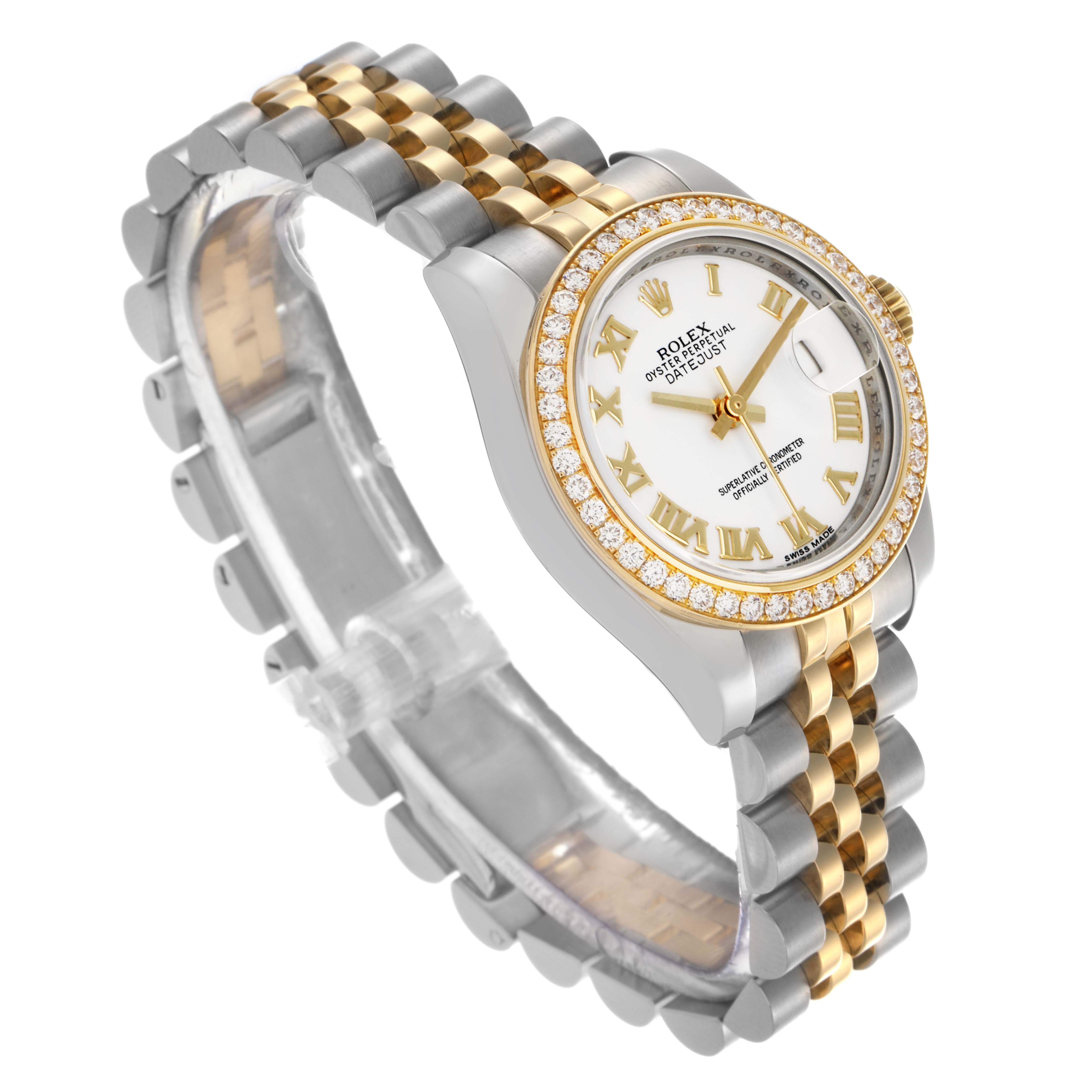 The Rolex Datejust 179383 Women's Steel and Gold (two tone) White Dial 179383 Women's Steel and Gold (two tone) White Dial watch is shown at an angled view, highlighting its gold and silver jubilee bracelet and diamond-set bezel.