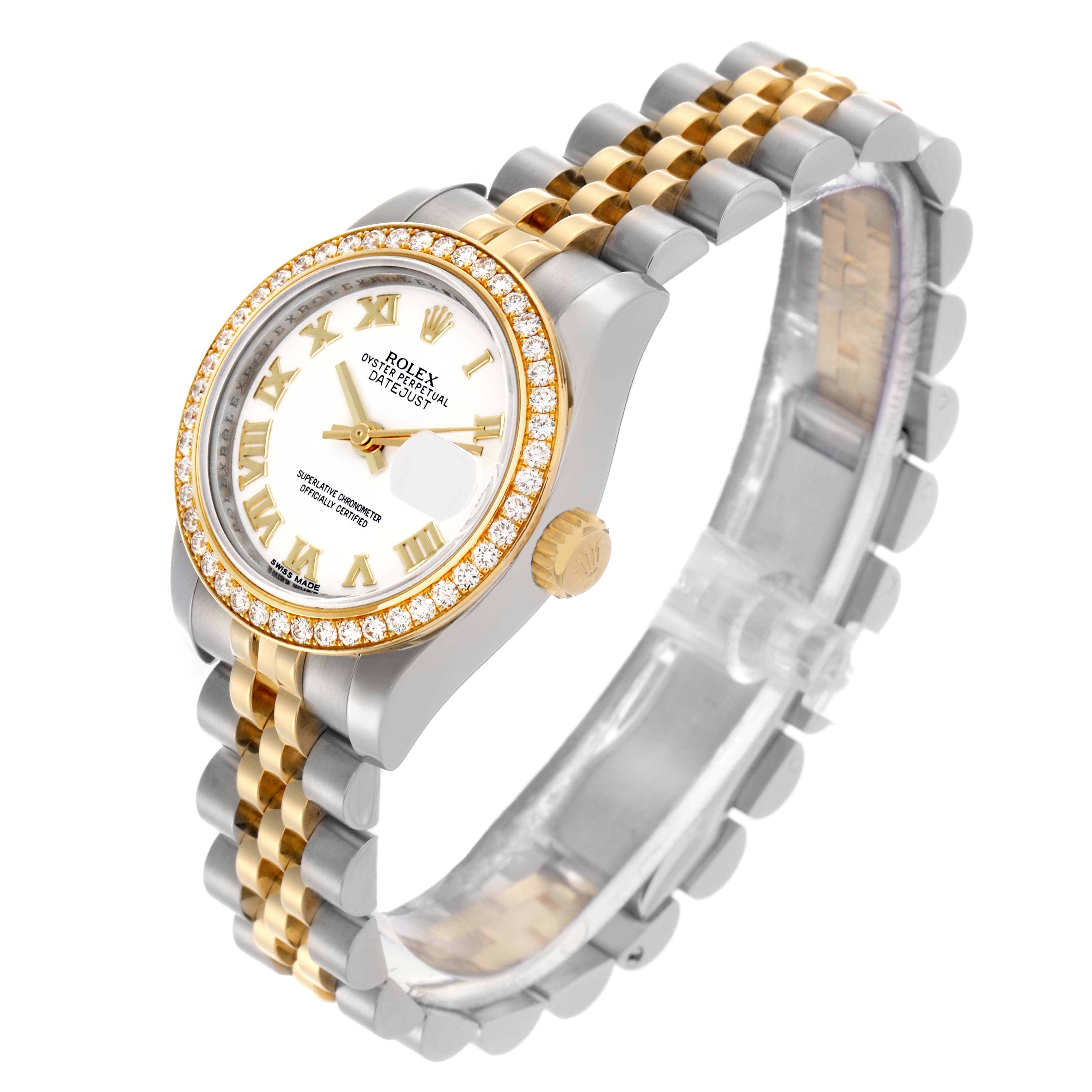 The Rolex Datejust 179383 Women's Steel and Gold (two tone) White Dial 179383 Women's Steel and Gold (two tone) White Dial watch is shown at a slight angle, highlighting the bezel, dial, crown, and bracelet.