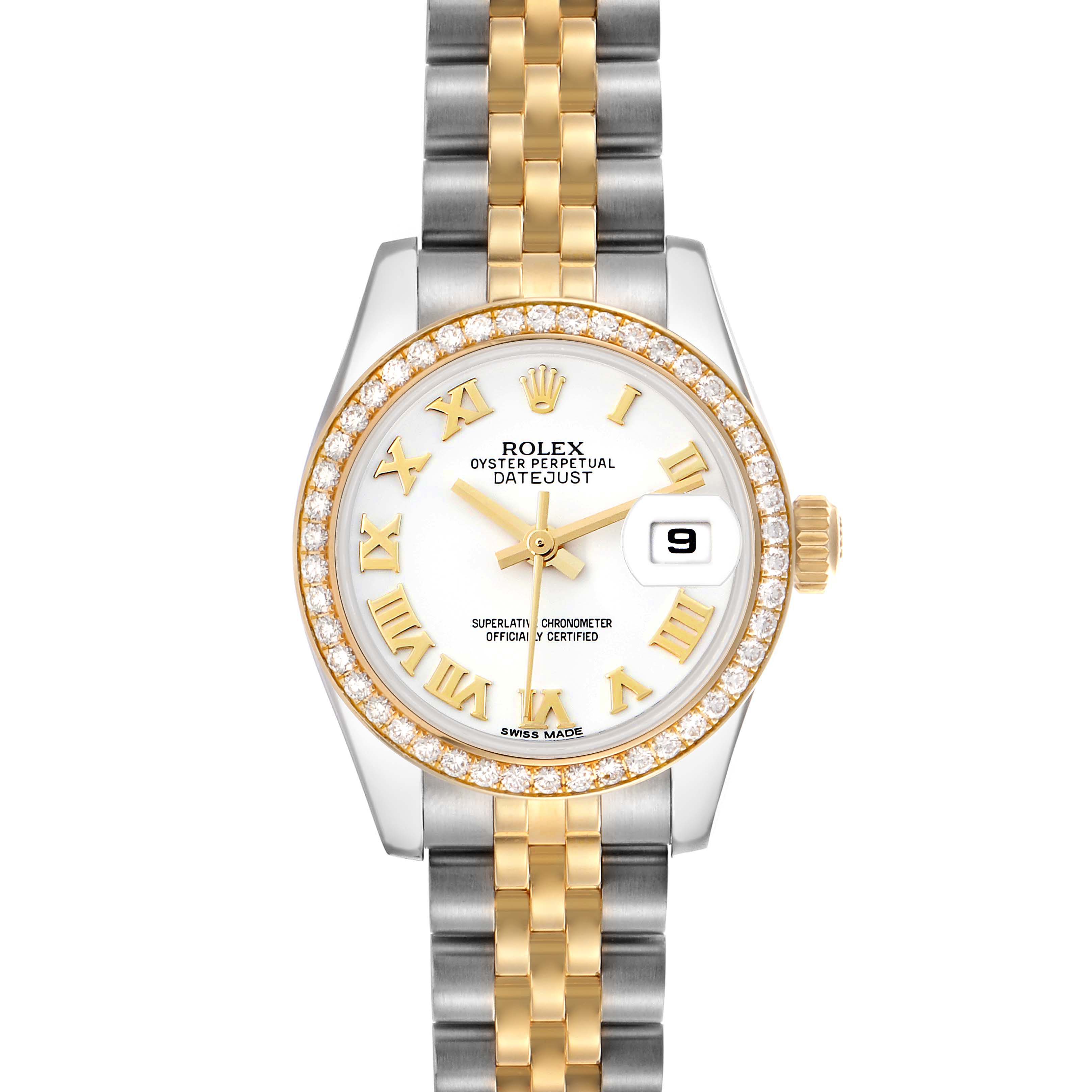 The Rolex Datejust 179383 Women's Steel and Gold (two tone) White Dial 179383 Women's Steel and Gold (two tone) White Dial watch is shown from a top-down angle, highlighting its gold and silver bracelet, diamond bezel, and white dial.