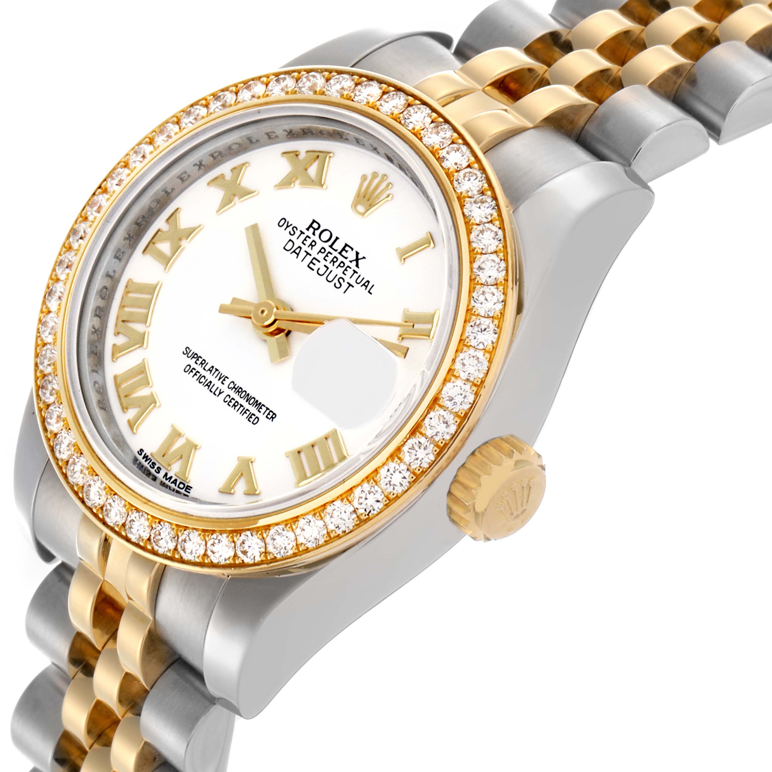 The Rolex Datejust 179383 Women's Steel and Gold (two tone) White Dial 179383 Women's Steel and Gold (two tone) White Dial watch is shown at an angled view, highlighting its dial, diamond bezel, and two-tone bracelet.