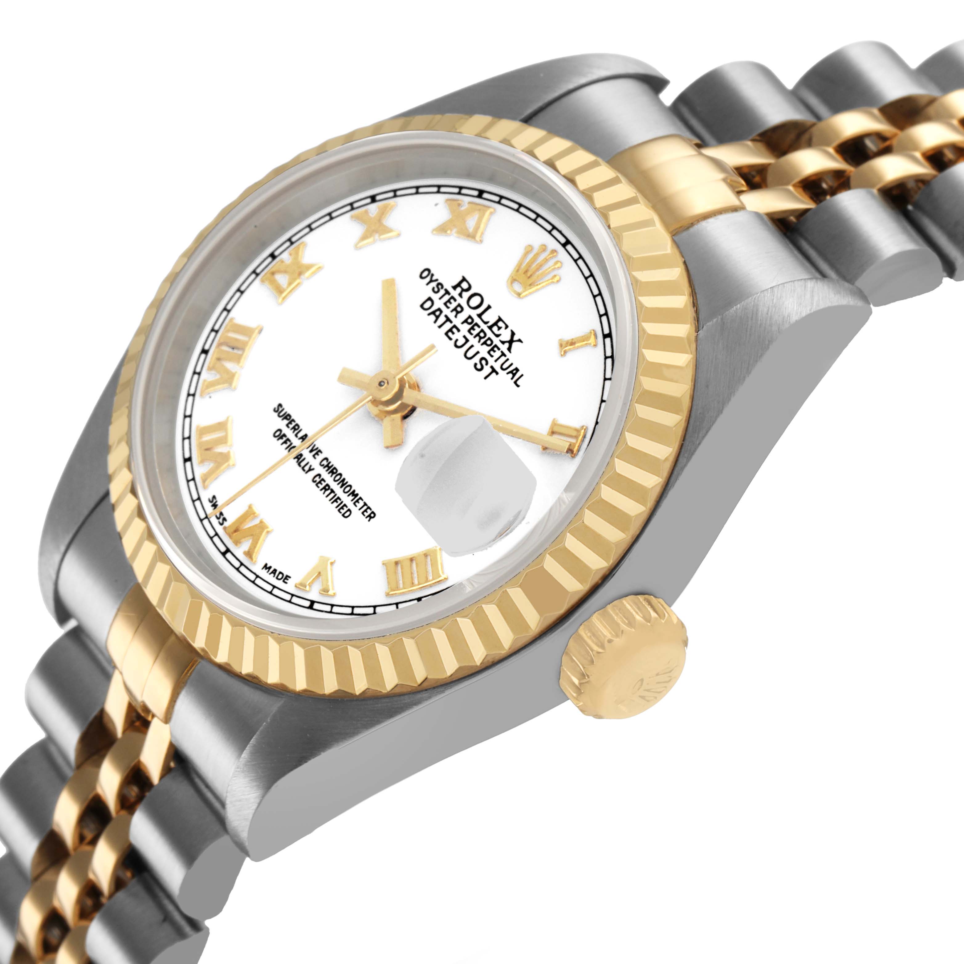 The image shows a Rolex Datejust 79173 Women's Stainless Steel White Dial watch at an angle highlighting the bezel, crown, and part of the bracelet.