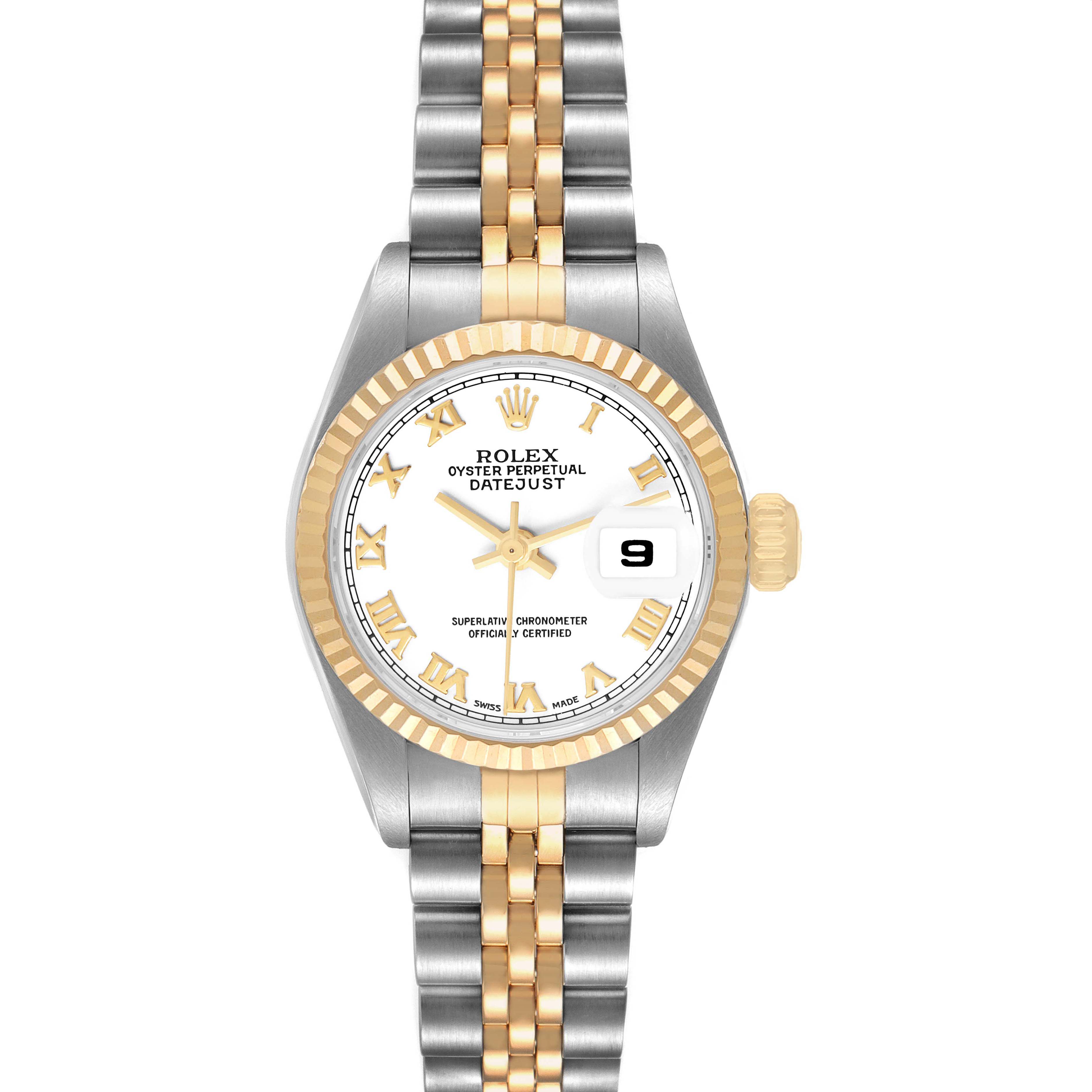 The Rolex Datejust 79173 Women's Stainless Steel White Dial watch is shown from a front view, highlighting its face, bezel, and Jubilee bracelet.