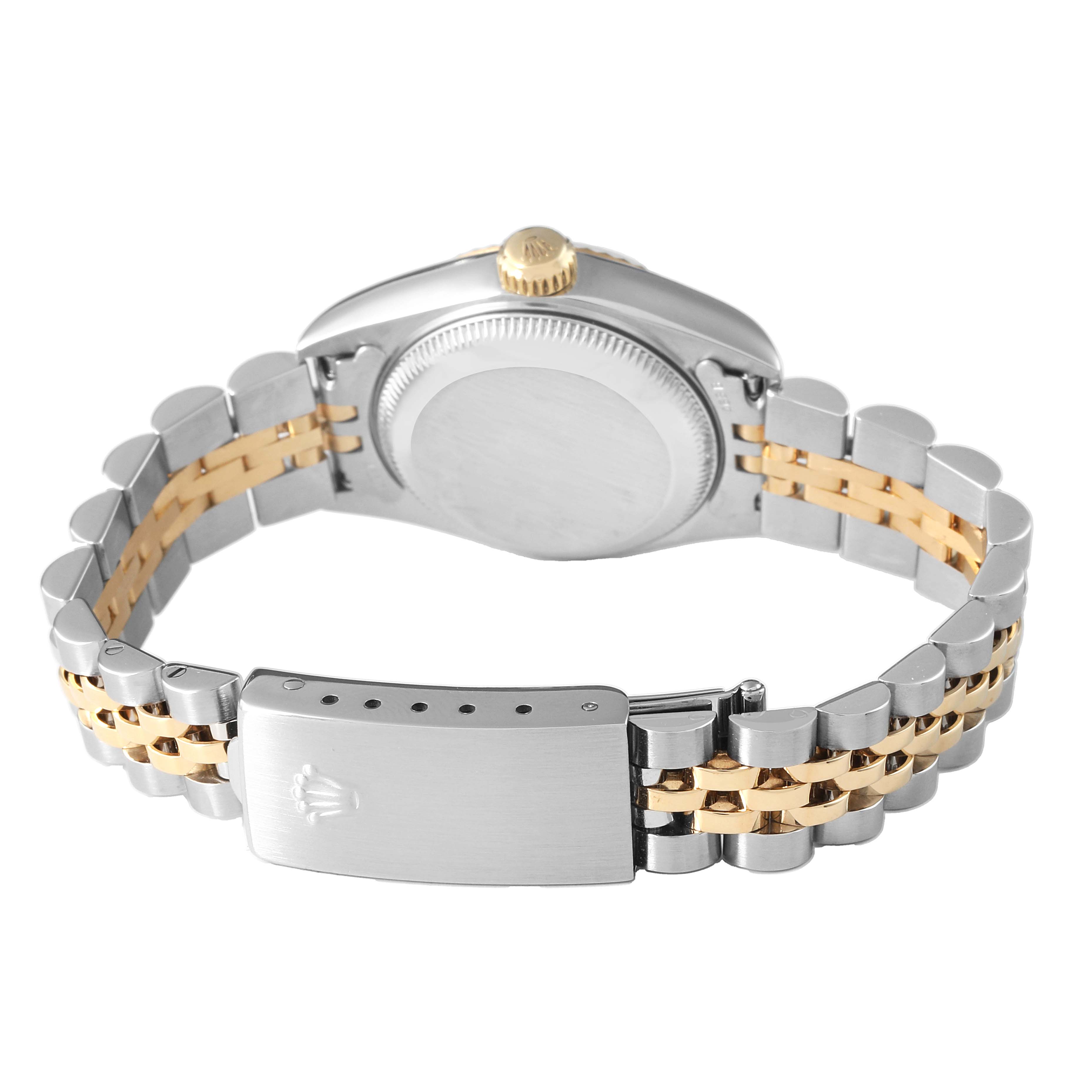 The image shows the back and clasp of a Rolex Datejust 79173 Women's Stainless Steel White Dial watch in a bi-metallic finish.