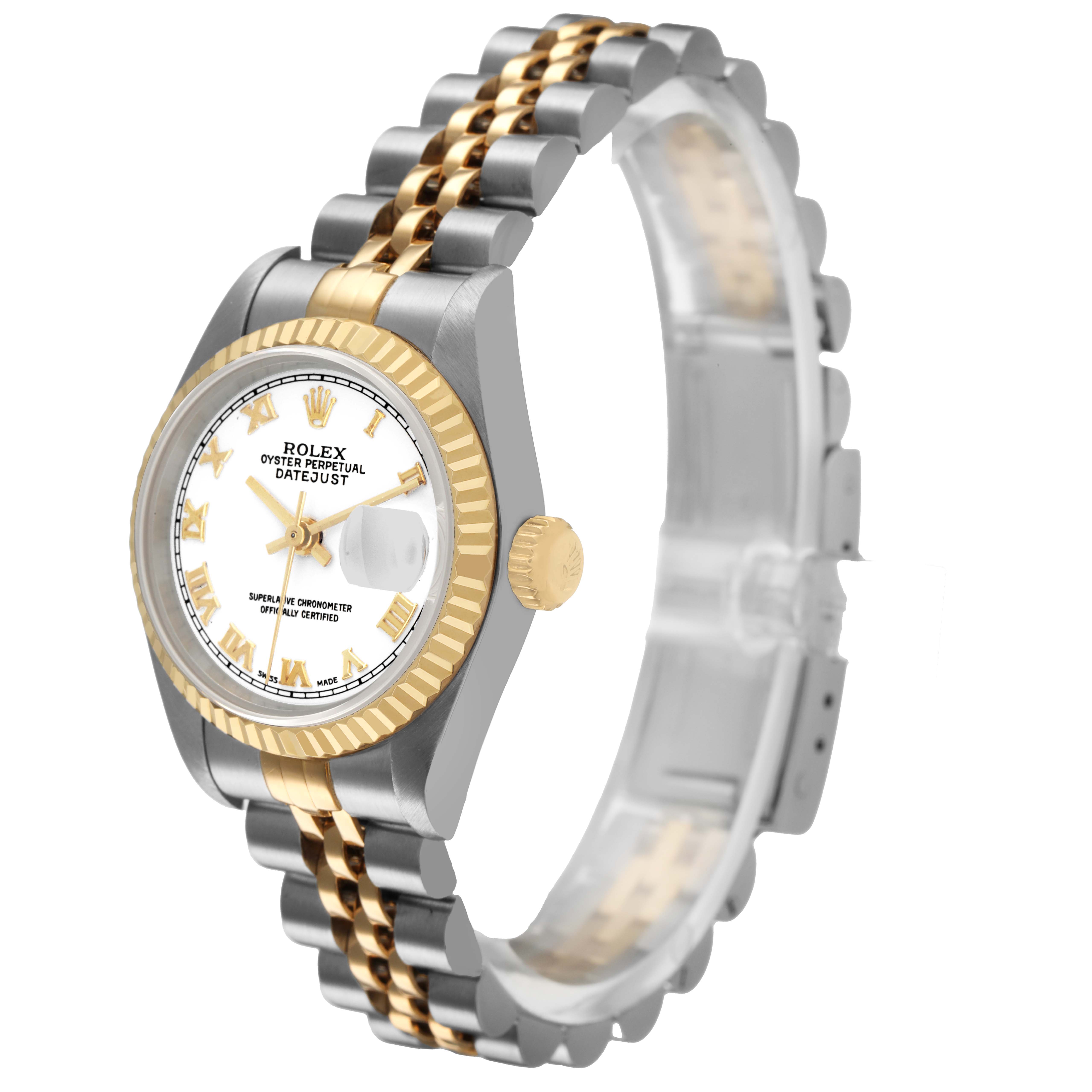 The Rolex Datejust 79173 Women's Stainless Steel White Dial is shown at a three-quarter angle, highlighting its bezel, dial, crown, and two-tone bracelet.