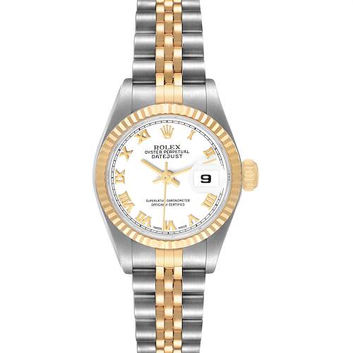 The Rolex Datejust 79173 Women's Stainless Steel White Dial watch is shown from a front angle, highlighting the dial, fluted bezel, two-tone bracelet, and date window.