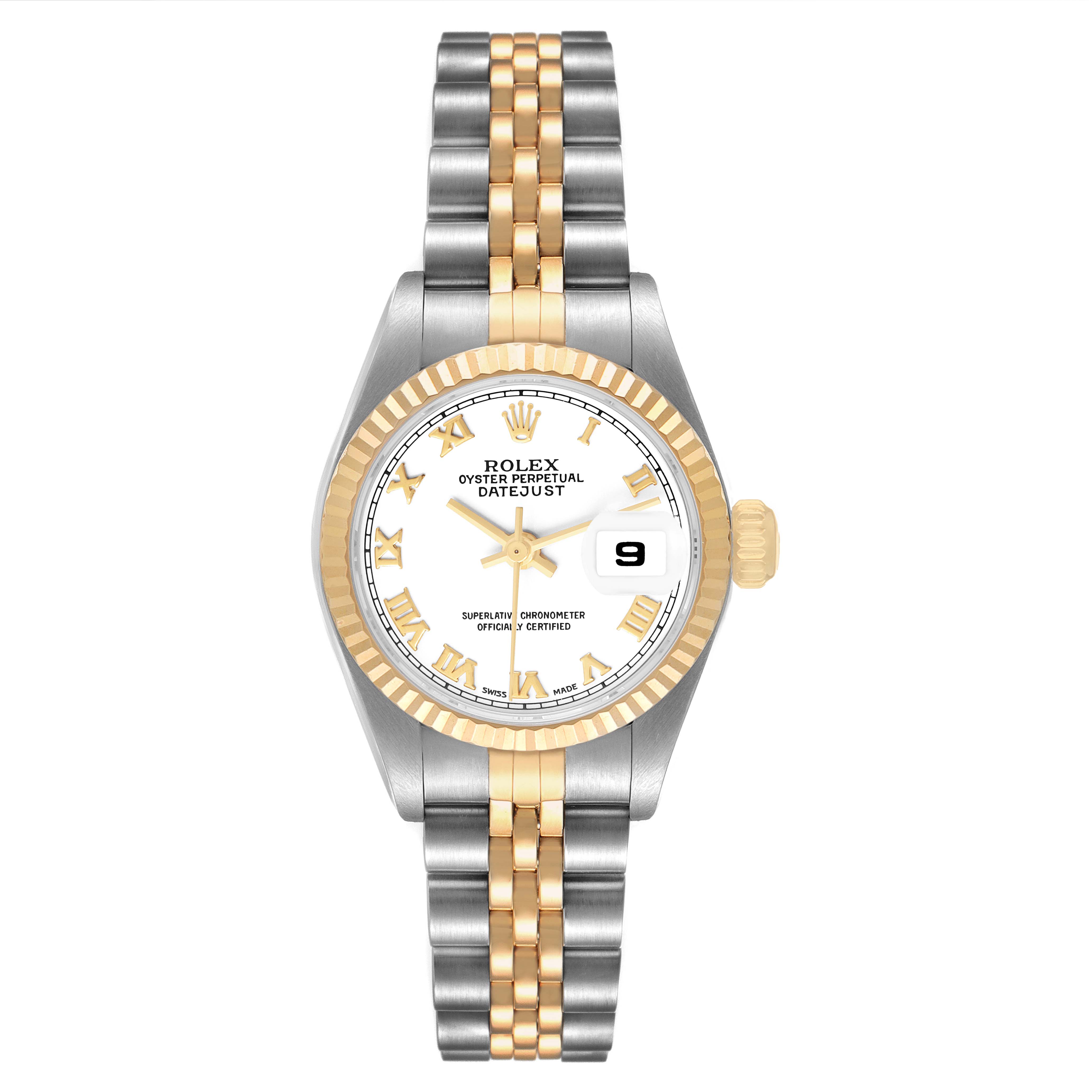 The Rolex Datejust 79173 Women's Stainless Steel White Dial watch is shown from a front angle, featuring its face, bezel, bracelet, and crown.