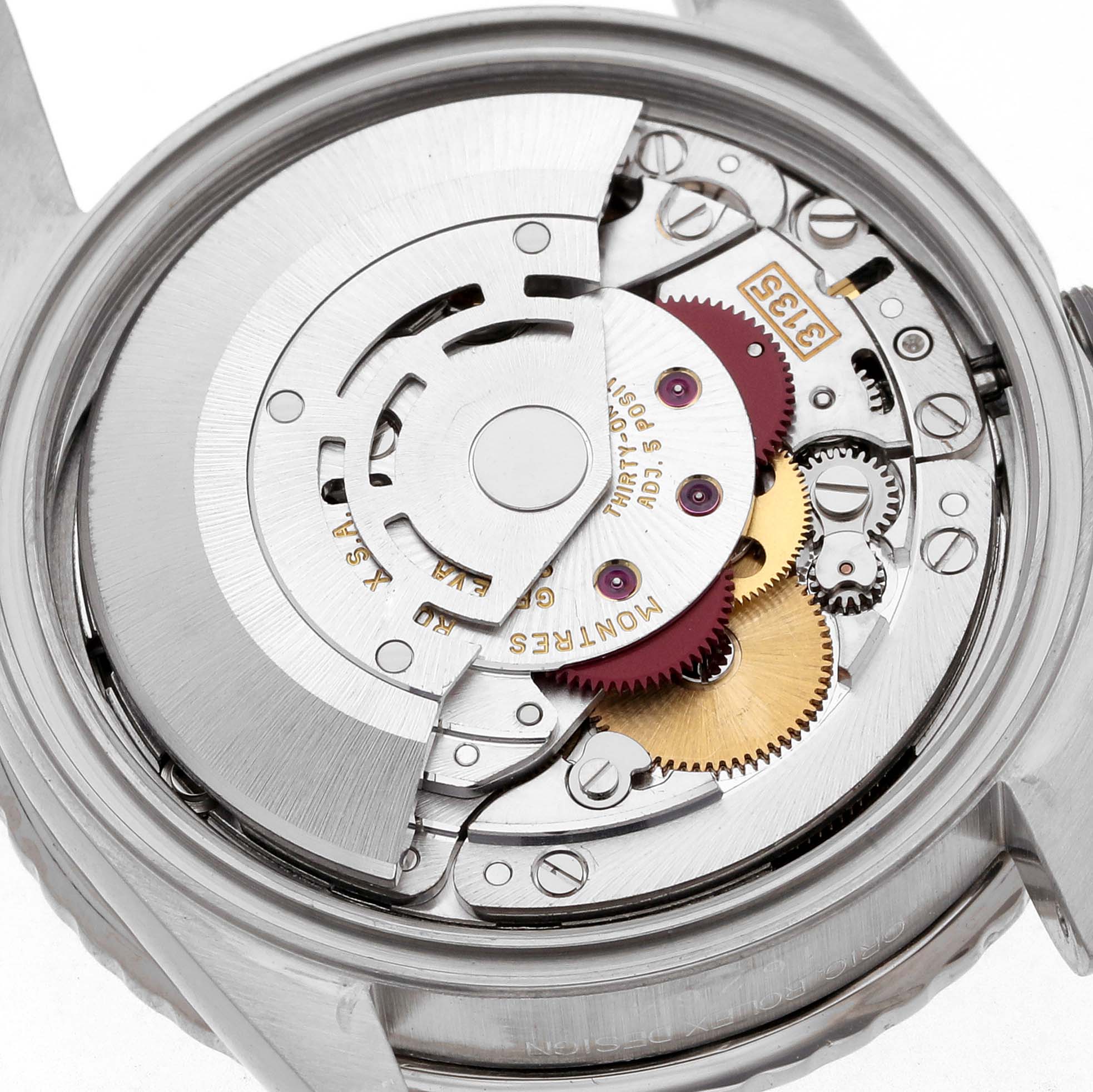 The image shows the movement components of a Rolex Turn-o-Graph 16264 Men's Stainless Steel White Dial 16264 Men's Stainless Steel White Dial watch from a rear angle.