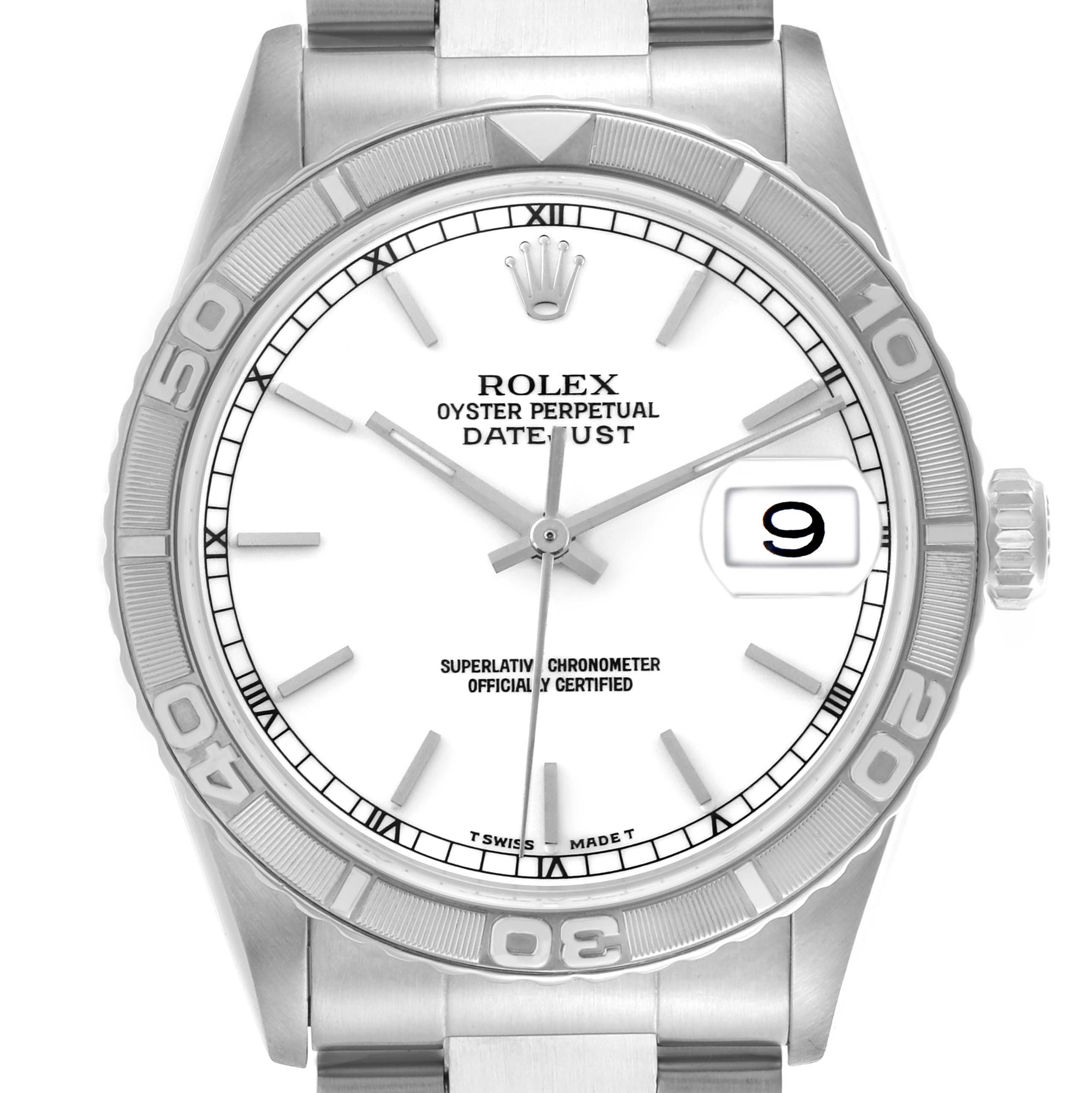 The Rolex Turn-o-Graph 16264 Men's Stainless Steel White Dial 16264 Men's Stainless Steel White Dial watch is shown from a front angle, displaying its bezel, dial, hands, markers, and date window.