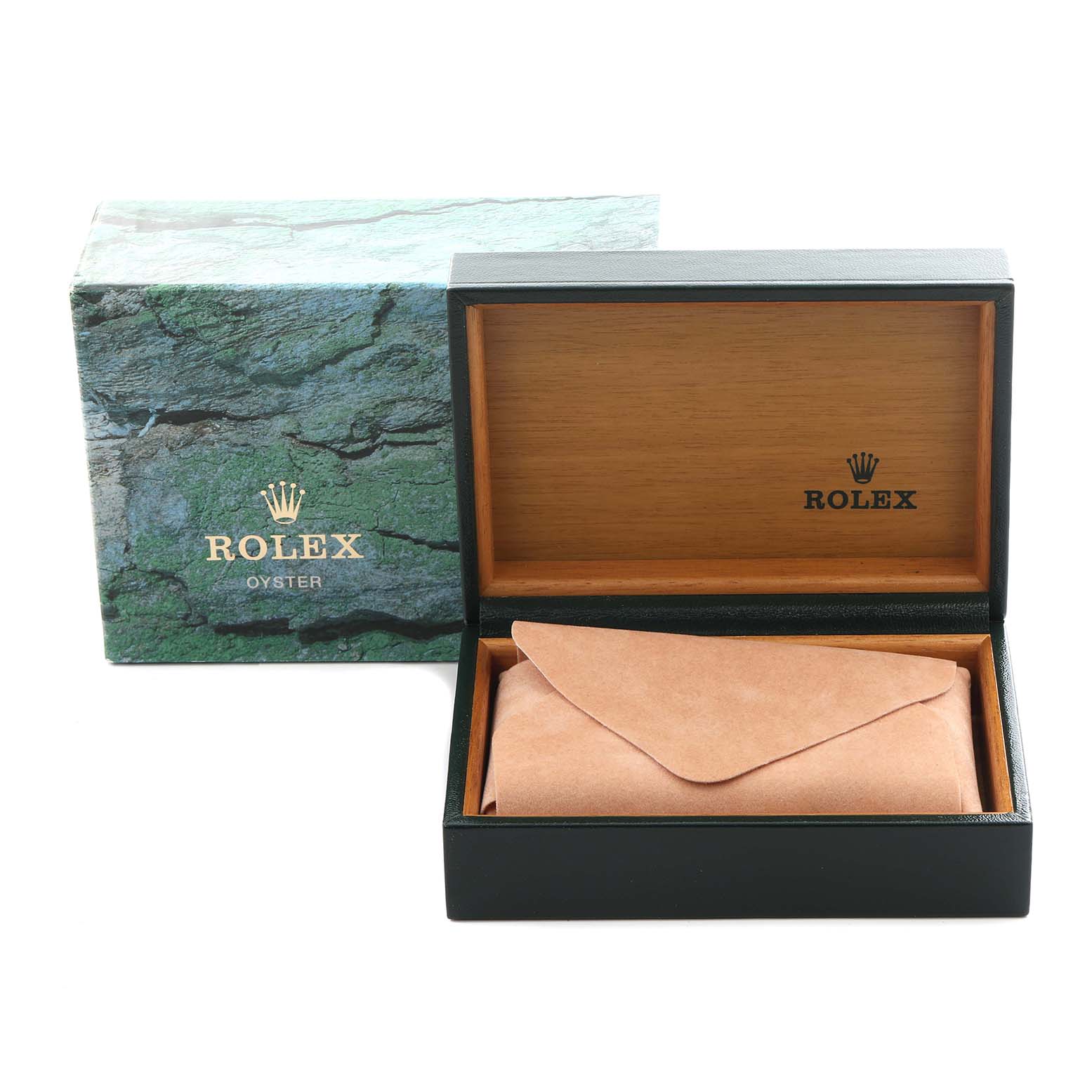 The image shows a Rolex Turn-o-Graph 16264 Men's Stainless Steel White Dial 16264 Men's Stainless Steel White Dial box, open, revealing a suede pouch inside.
