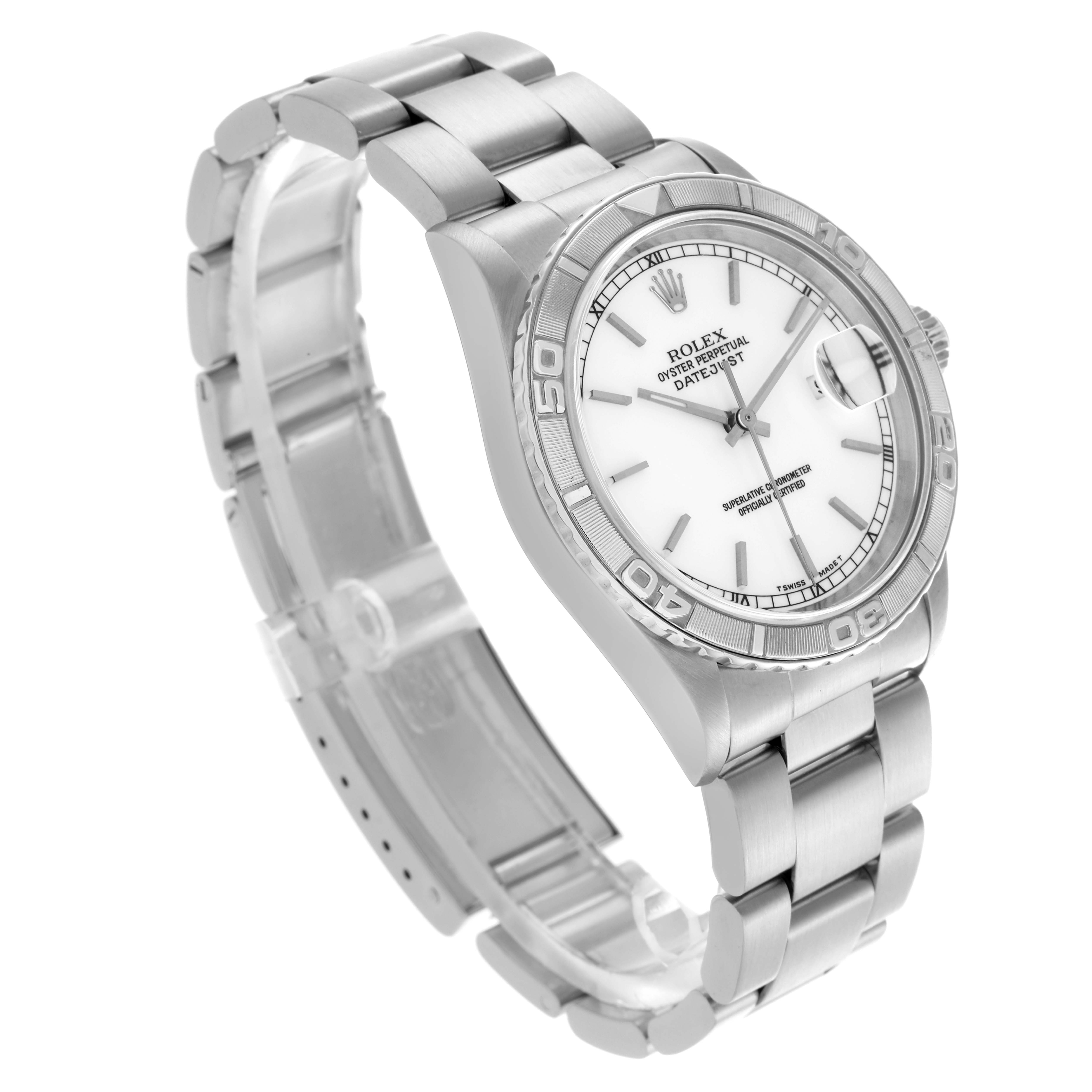 The Rolex Turn-o-Graph 16264 Men's Stainless Steel White Dial 16264 Men's Stainless Steel White Dial is shown at a slight angle displaying the bracelet, bezel, dial, and date magnifier.
