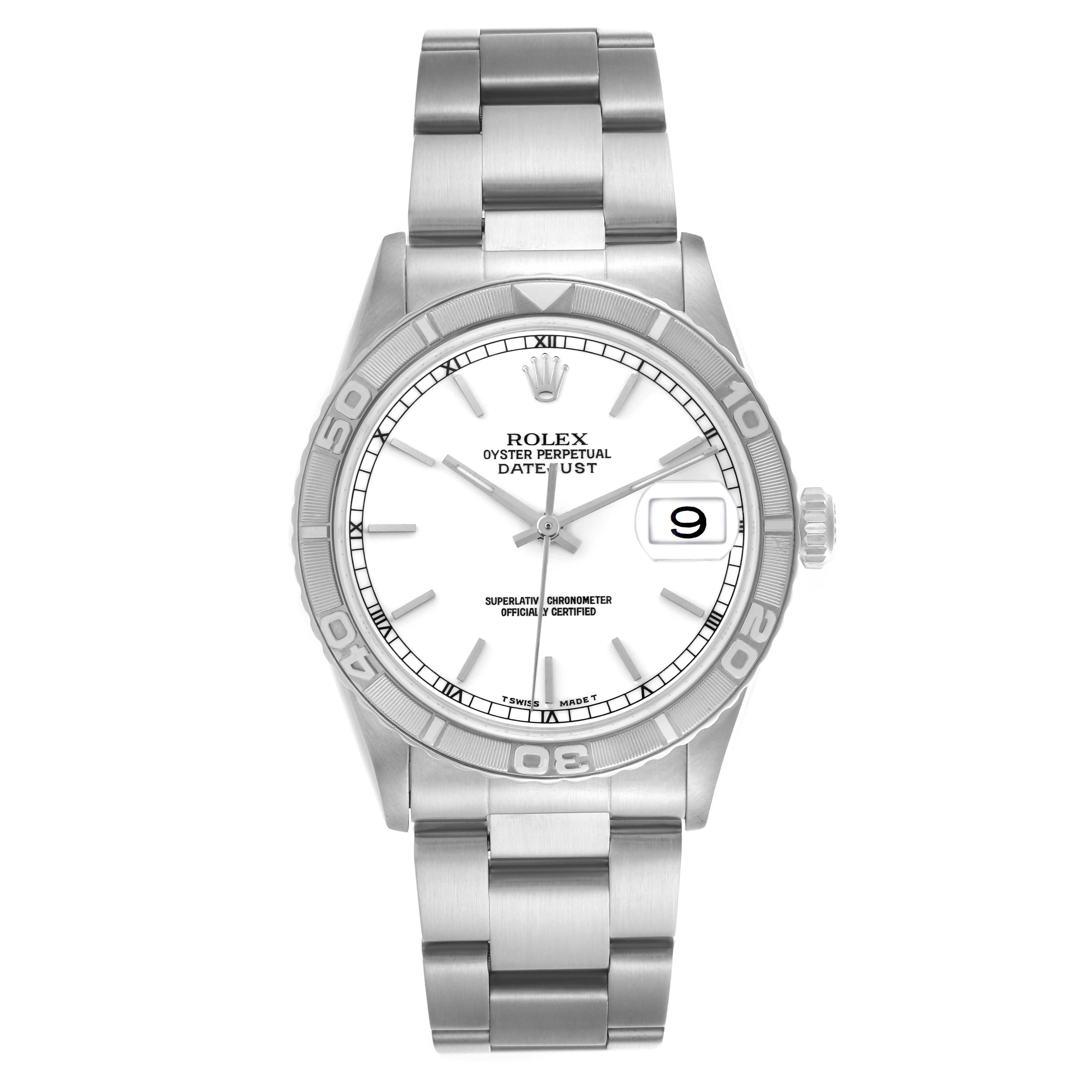 The Rolex Turn-o-Graph 16264 Men's Stainless Steel White Dial 16264 Men's Stainless Steel White Dial watch is shown from a top-down angle, highlighting its bezel, dial, bracelet, and date window.