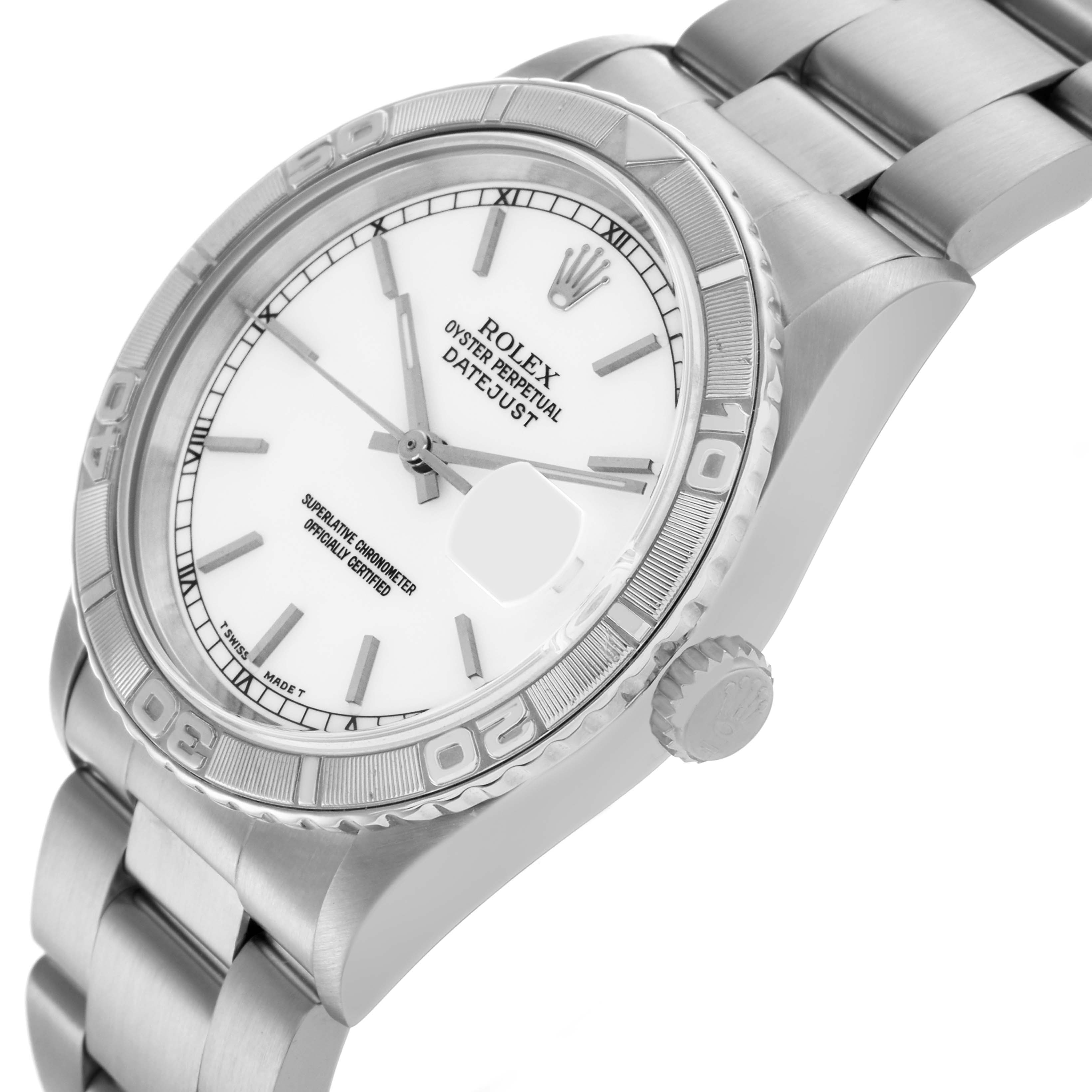 The image shows a Rolex Turn-o-Graph 16264 Men's Stainless Steel White Dial 16264 Men's Stainless Steel White Dial watch at a slight angle, highlighting the bezel, dial, crown, and bracelet.