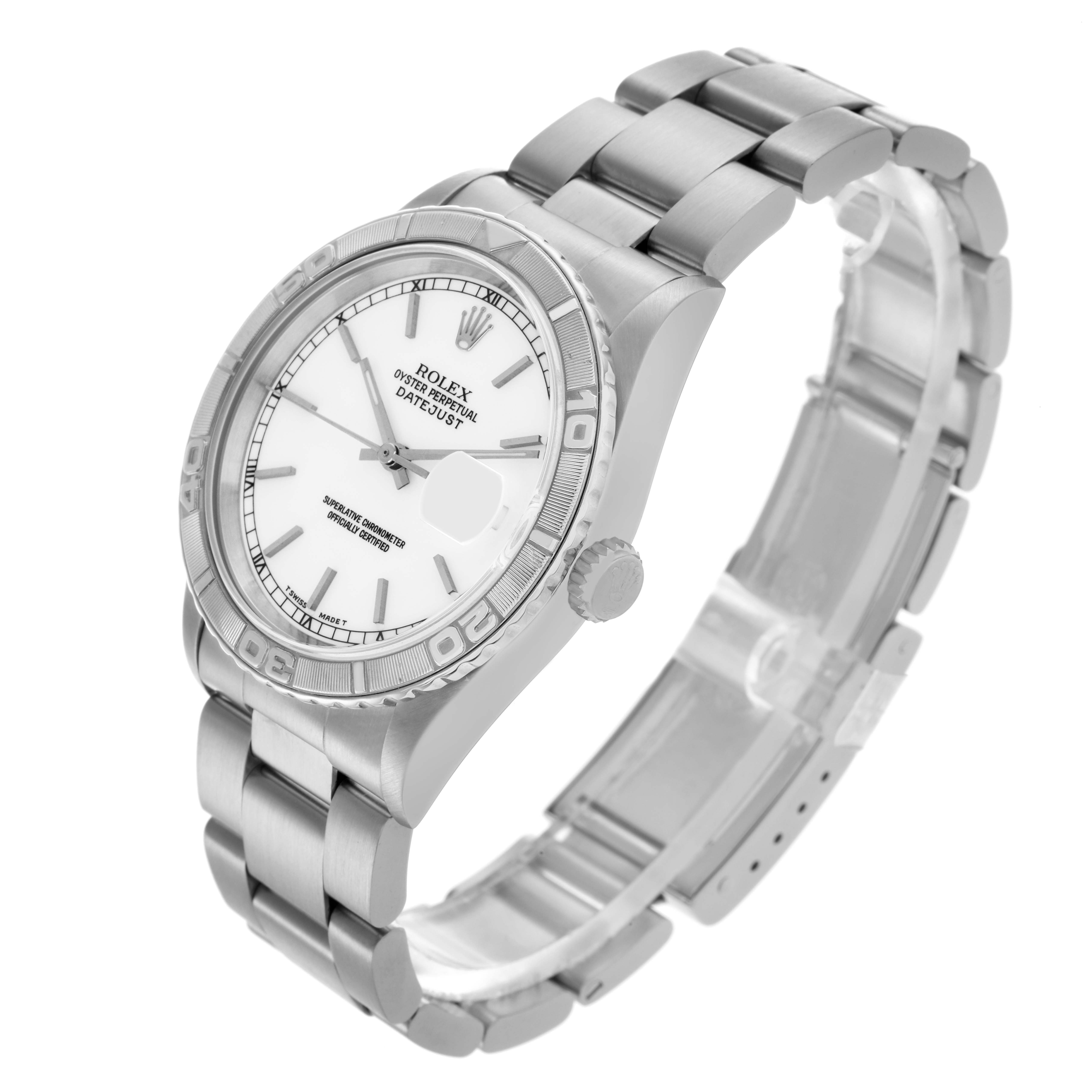 The image shows a Rolex Turn-o-Graph 16264 Men's Stainless Steel White Dial 16264 Men's Stainless Steel White Dial watch at a three-quarter angle, highlighting the face, bezel, crown, and bracelet.
