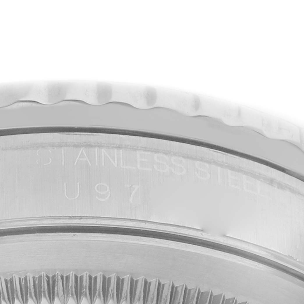 The image shows a close-up side view of a Rolex Turn-o-Graph 16264 Men's Stainless Steel White Dial 16264 Men's Stainless Steel White Dial watch case, highlighting the stainless steel inscription.