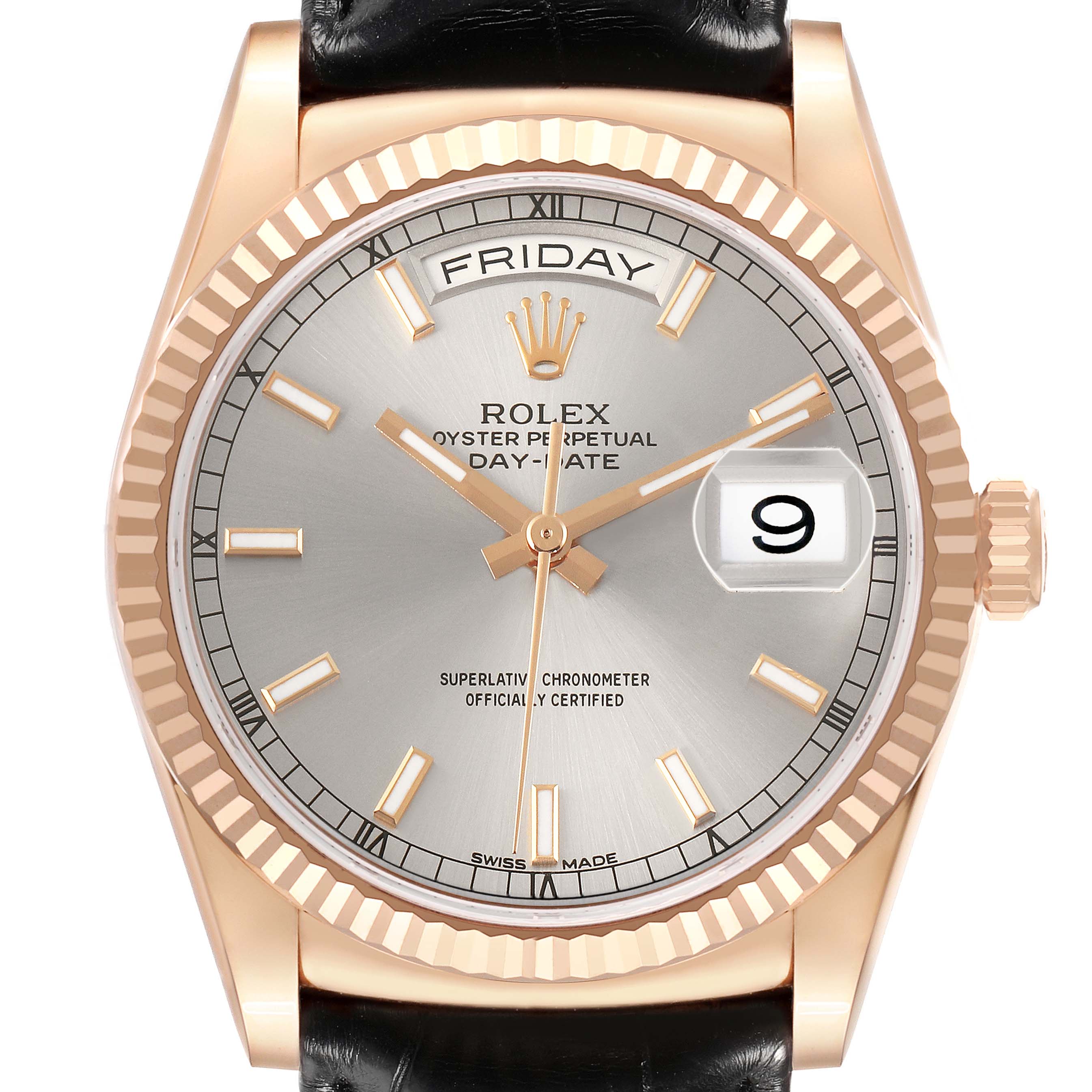 The Rolex President 118135 Men's Rose Gold Silver Dial watch is shown from a front angle, displaying the dial, hands, date, and day indicators.