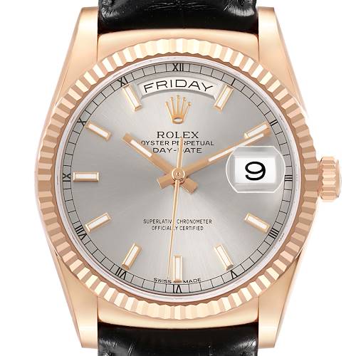 The image shows a front view of the Rolex President 118135 Men's Rose Gold Silver Dial watch, highlighting its dial, bezel, and crown.