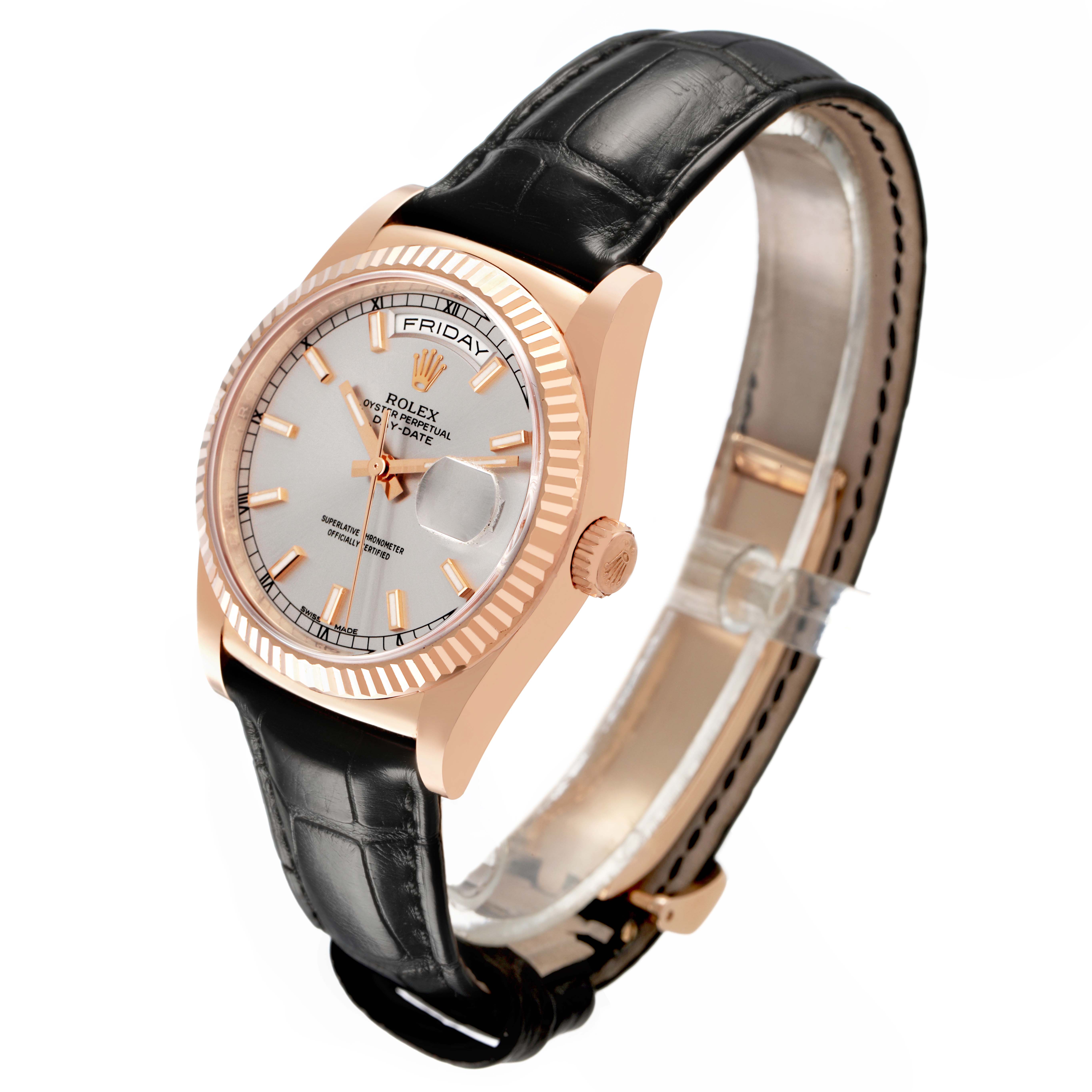 The Rolex President 118135 Men's Rose Gold Silver Dial watch is shown at an angled side view, highlighting its face, bezel, crown, and black leather strap.