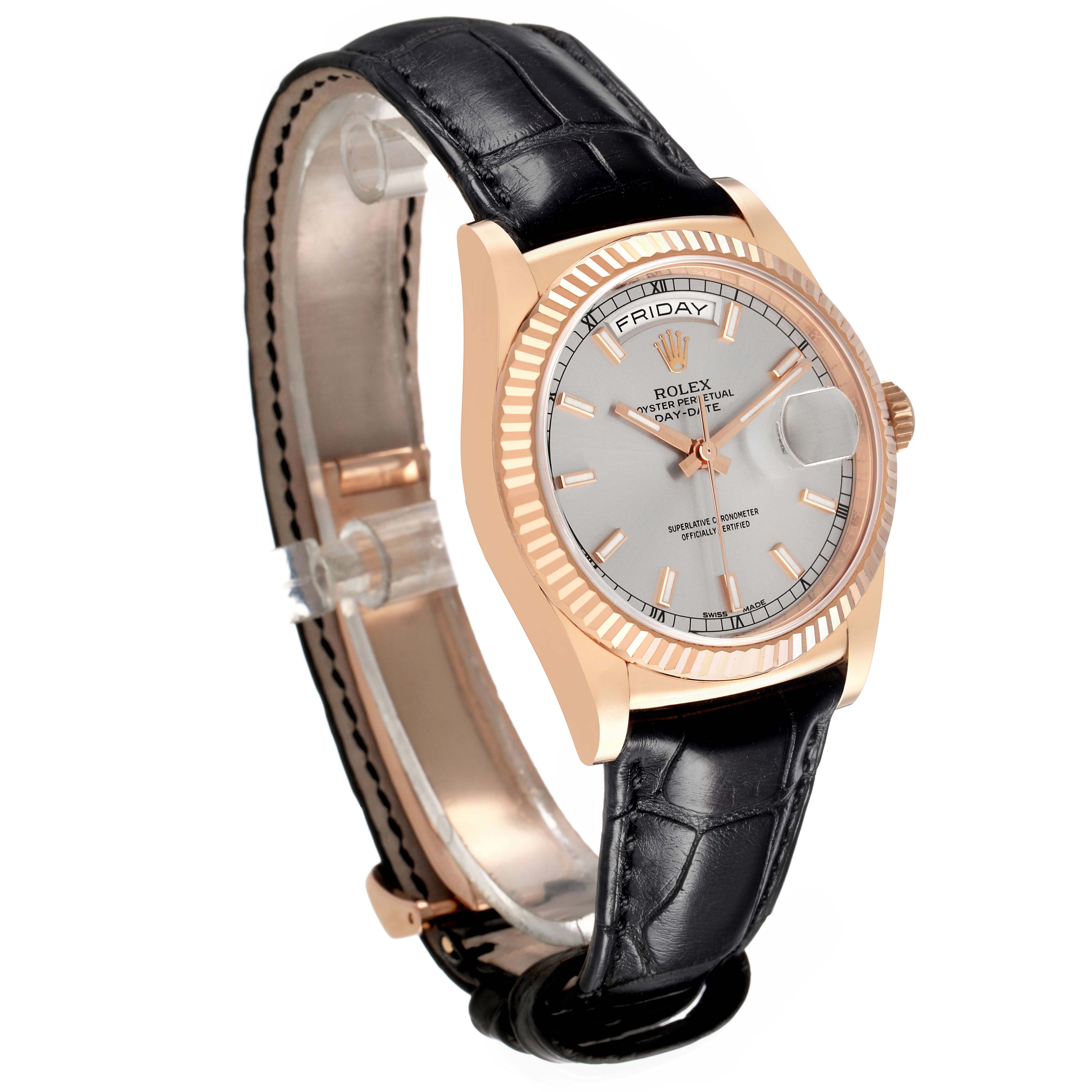 The Rolex President 118135 Men's Rose Gold Silver Dial model is shown from a side angle, highlighting the face, bezel, crown, and leather strap.