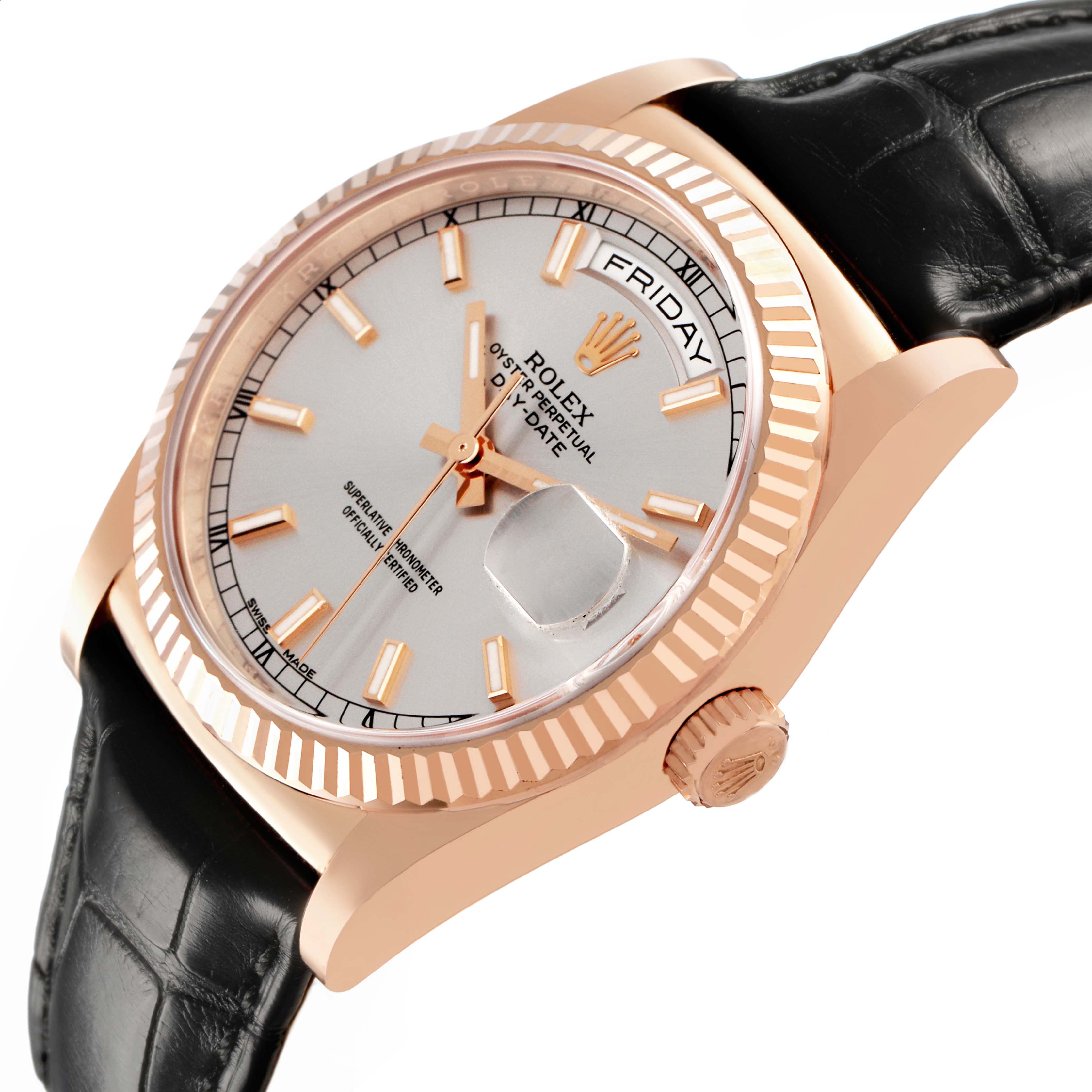 The Rolex President 118135 Men's Rose Gold Silver Dial model is shown at an angle highlighting the face, bezel, crown, and partial strap.