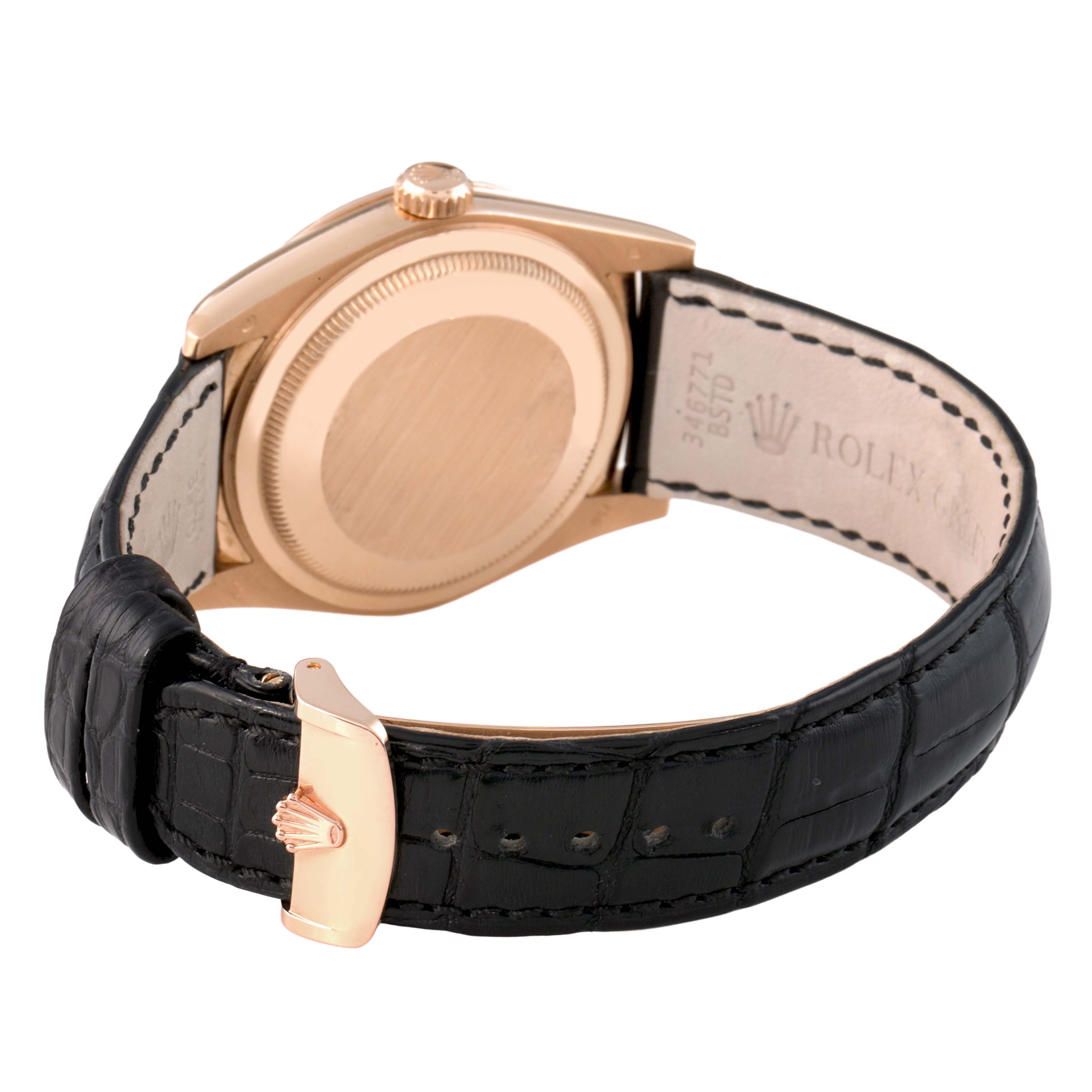 The image shows the back and side view of the Rolex President 118135 Men's Rose Gold Silver Dial watch with a leather strap and clasp.