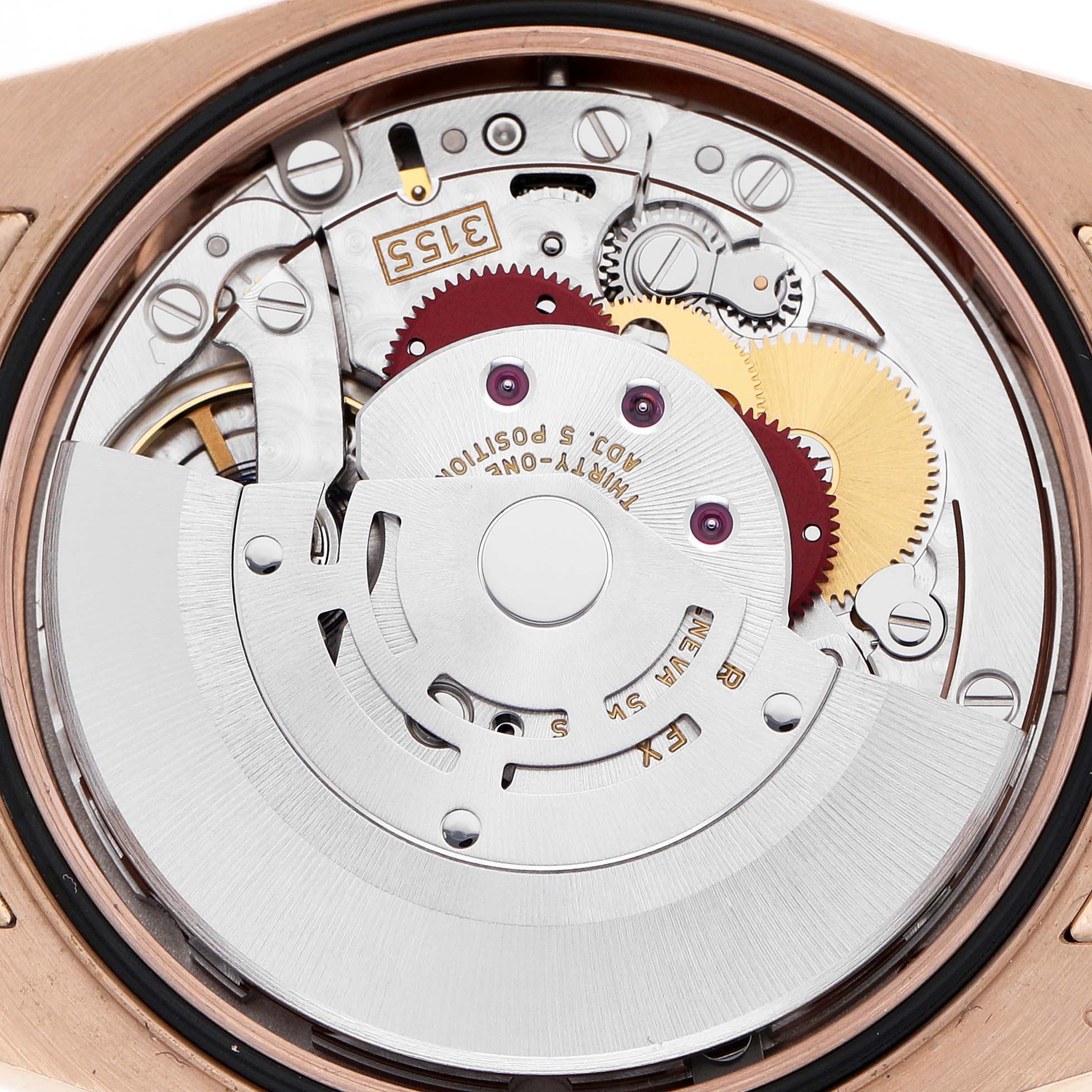 The image shows the intricate movement and internal mechanism of a Rolex President 118135 Men's Rose Gold Silver Dial model watch from a top-down view.