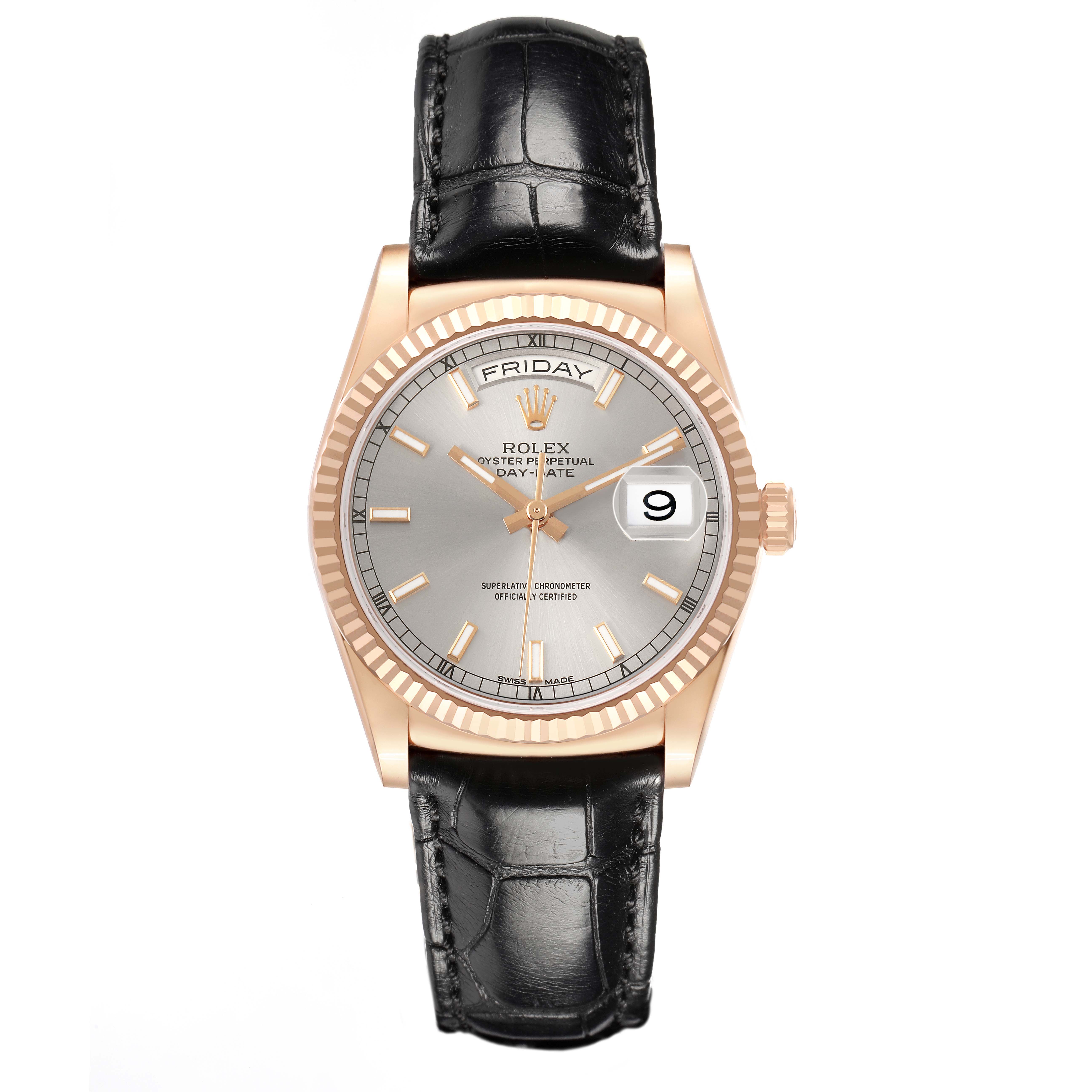 The Rolex President 118135 Men's Rose Gold Silver Dial model is shown from a front angle, highlighting the face, bezel, and black leather strap.
