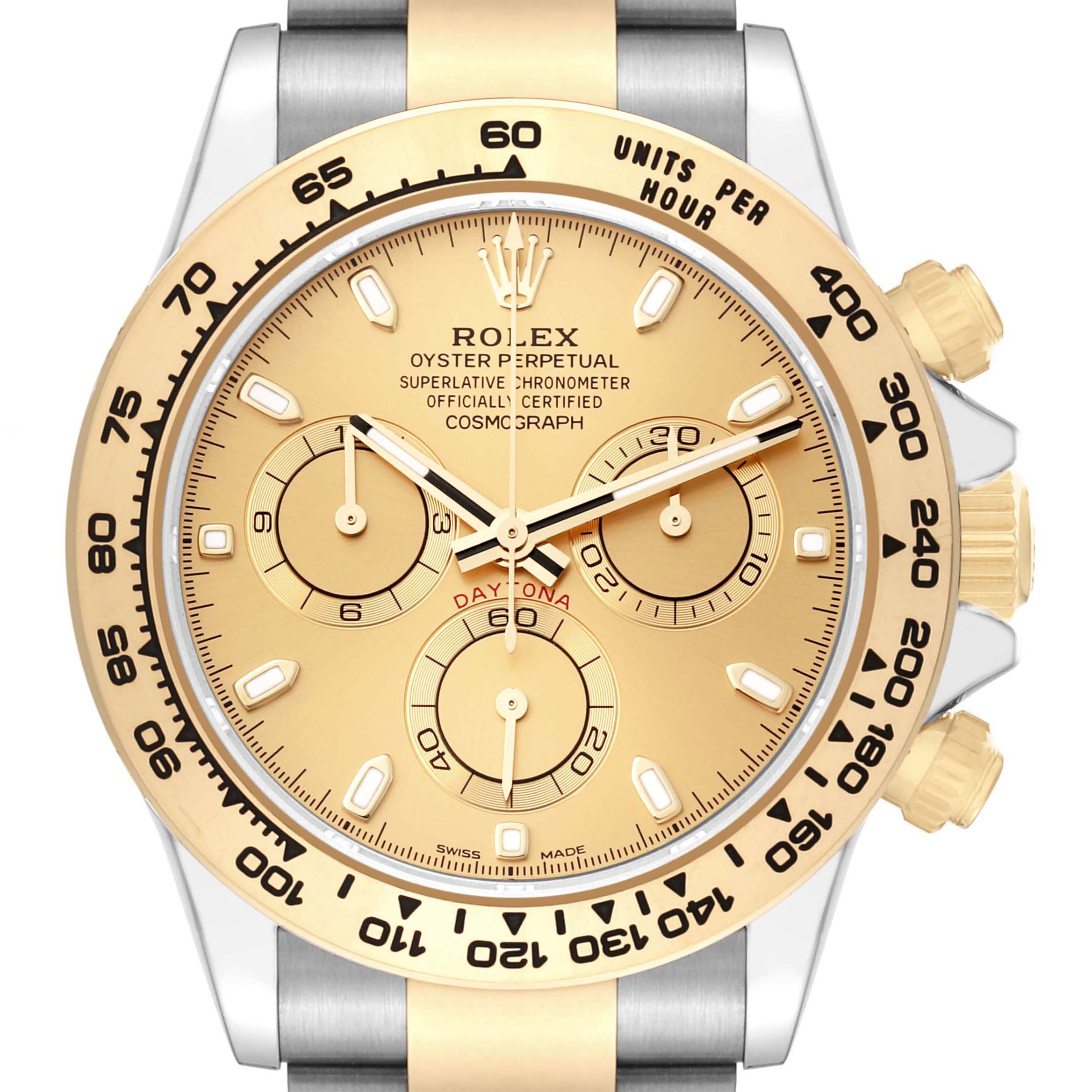 The image shows a close-up of the face and bezel of a Rolex Daytona 116503 Men's Steel and Gold (two tone) Champagne Dial 116503 Men's Steel and Gold (two tone) Champagne Dial watch.