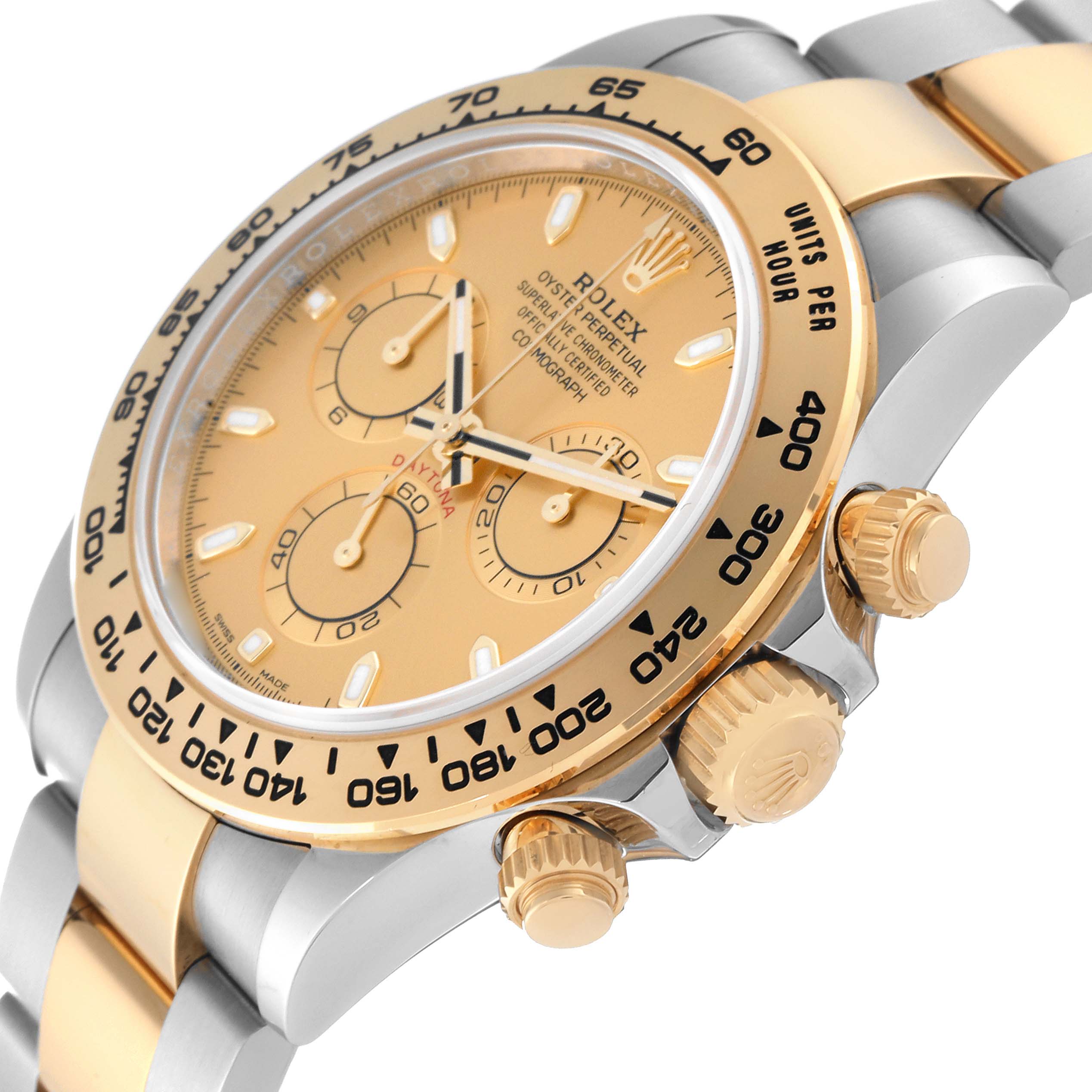 The Rolex Daytona 116503 Men's Steel and Gold (two tone) Champagne Dial 116503 Men's Steel and Gold (two tone) Champagne Dial watch is shown at an angle highlighting its face, bezel, chronograph buttons, and part of the band.
