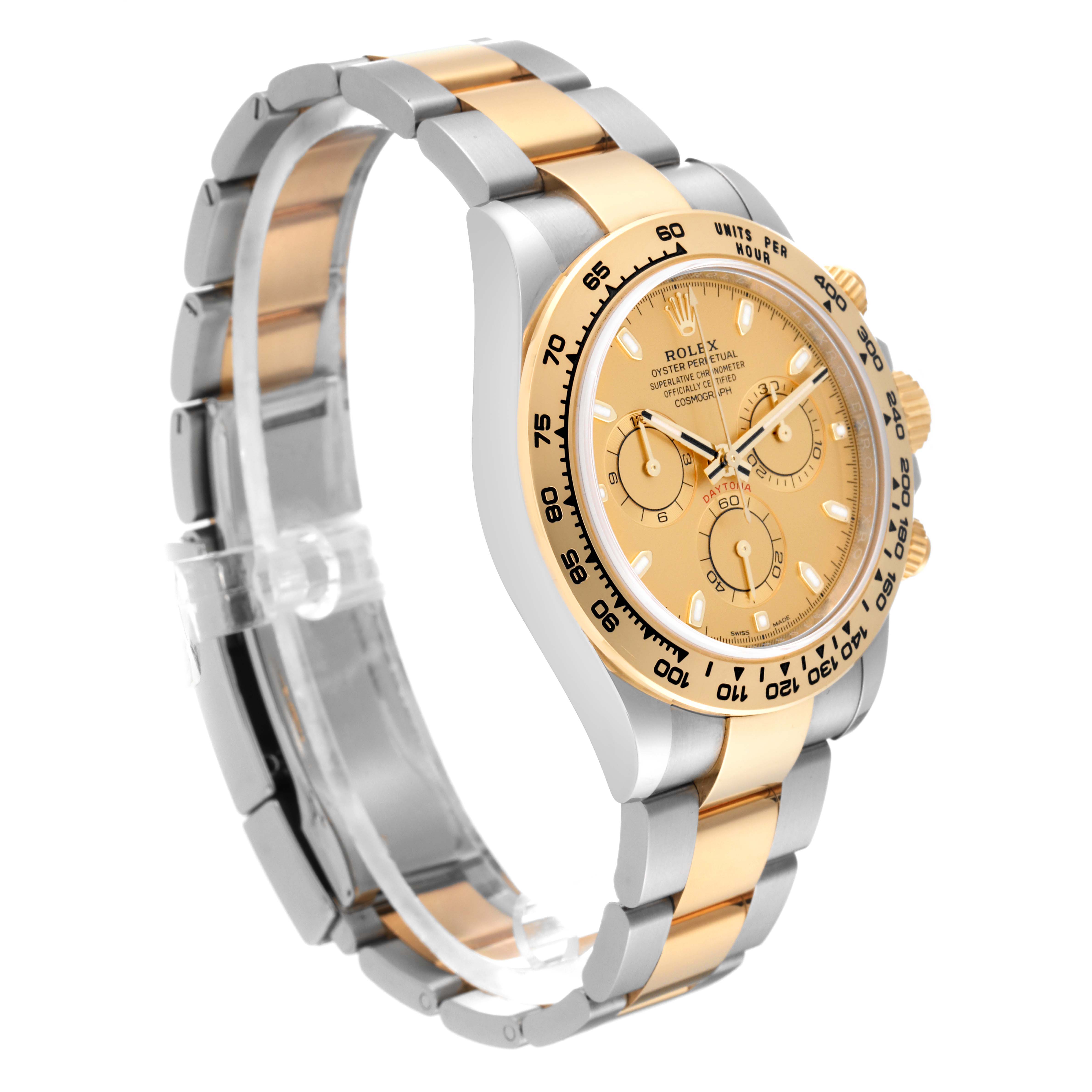 This Rolex Daytona 116503 Men's Steel and Gold (two tone) Champagne Dial 116503 Men's Steel and Gold (two tone) Champagne Dial watch is shown at a three-quarter angle, displaying its gold and silver bracelet, dial, and bezel.