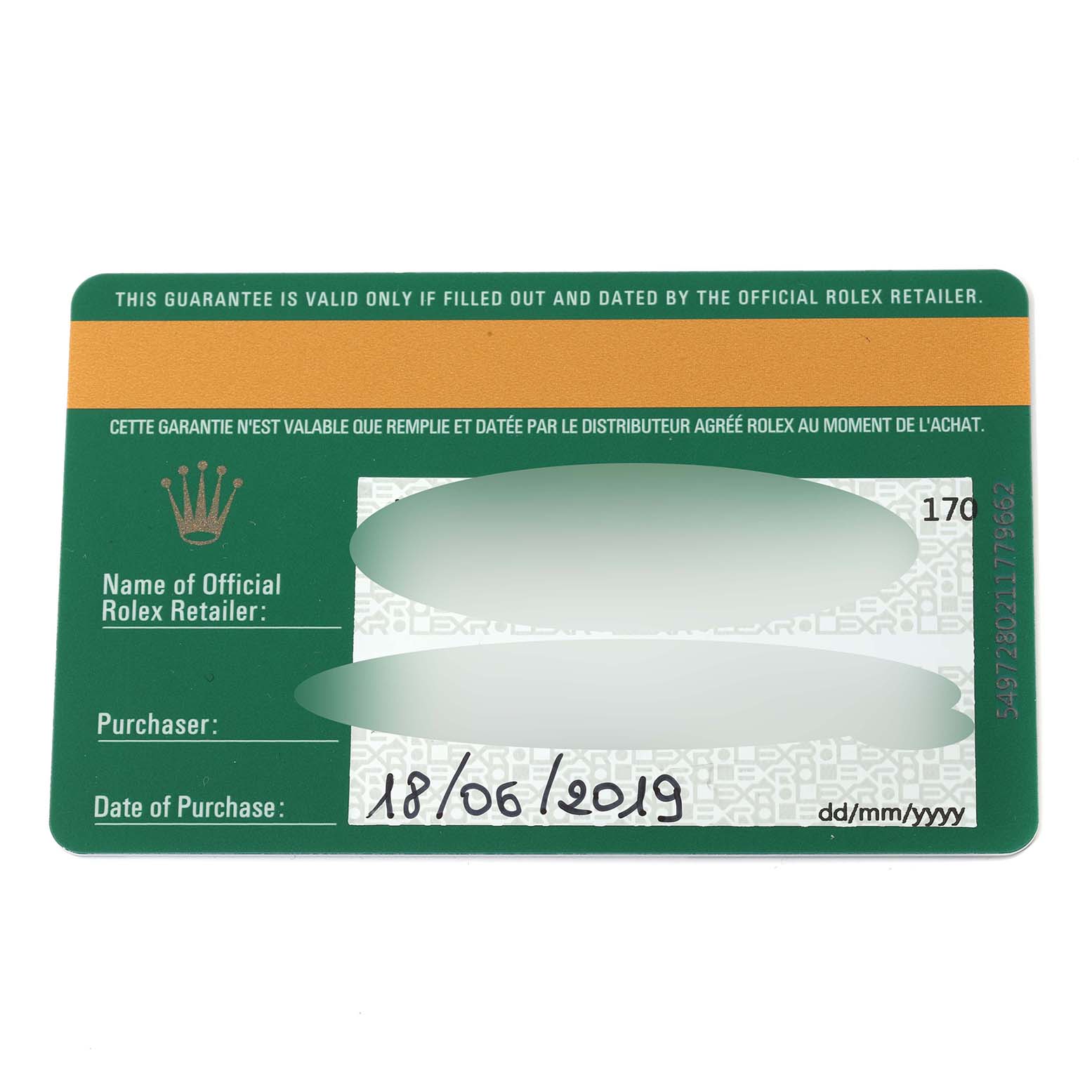 This image shows a warranty card for a Rolex Daytona 116503 Men's Steel and Gold (two tone) Champagne Dial 116503 Men's Steel and Gold (two tone) Champagne Dial watch, detailing official retailer info, purchaser, and date of purchase.