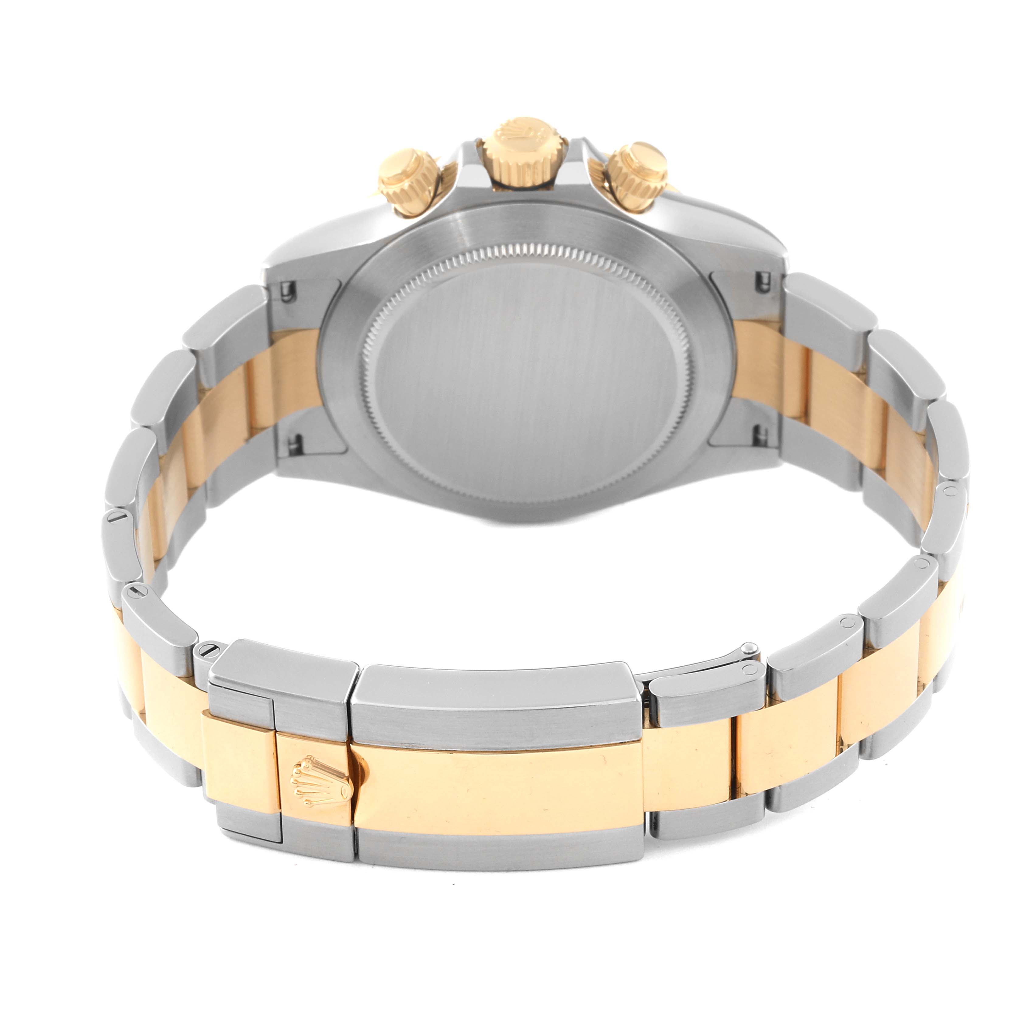 This image shows the back view of a Rolex Daytona 116503 Men's Steel and Gold (two tone) Champagne Dial 116503 Men's Steel and Gold (two tone) Champagne Dial watch, highlighting the case, crown, and two-tone bracelet.