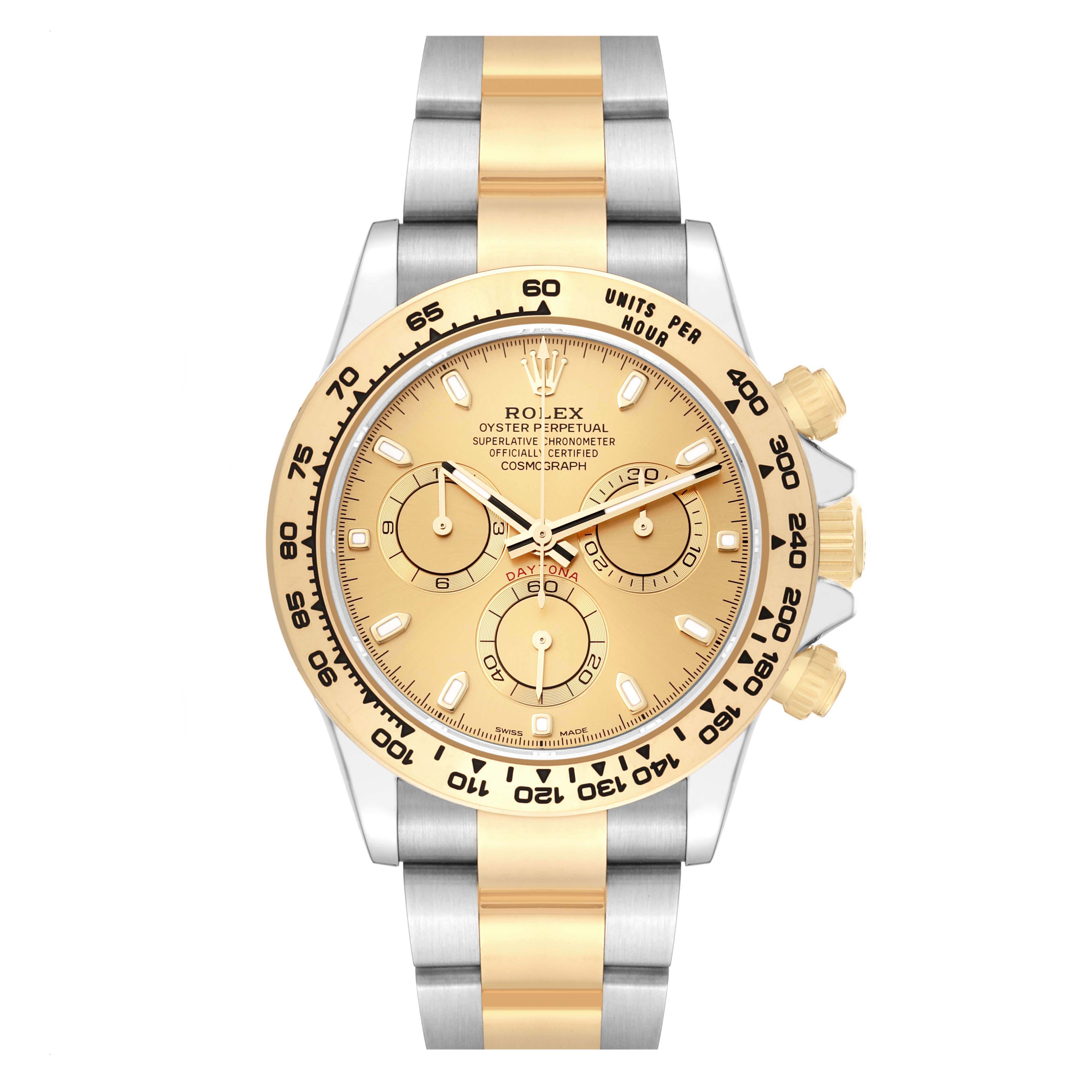 The Rolex Daytona 116503 Men's Steel and Gold (two tone) Champagne Dial 116503 Men's Steel and Gold (two tone) Champagne Dial watch is shown from a frontal angle, displaying the dial, bezel, and part of the bracelet.