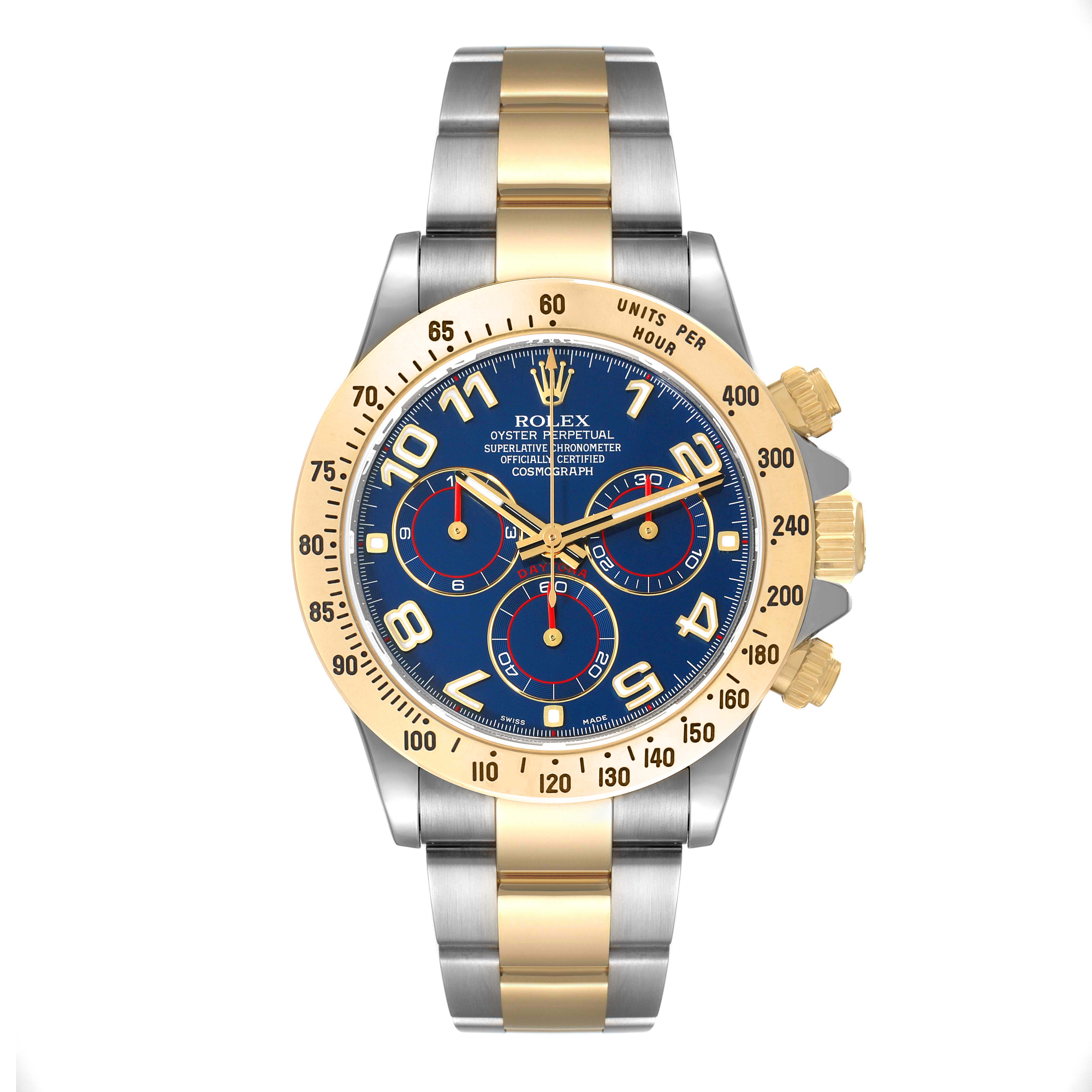 The image shows a front view of a Rolex Daytona 116523 Men's Steel and Gold (two tone) Blue Dial 116523 Men's Steel and Gold (two tone) Blue Dial watch, featuring a blue dial, gold bezel, and two-tone bracelet in gold and silver.