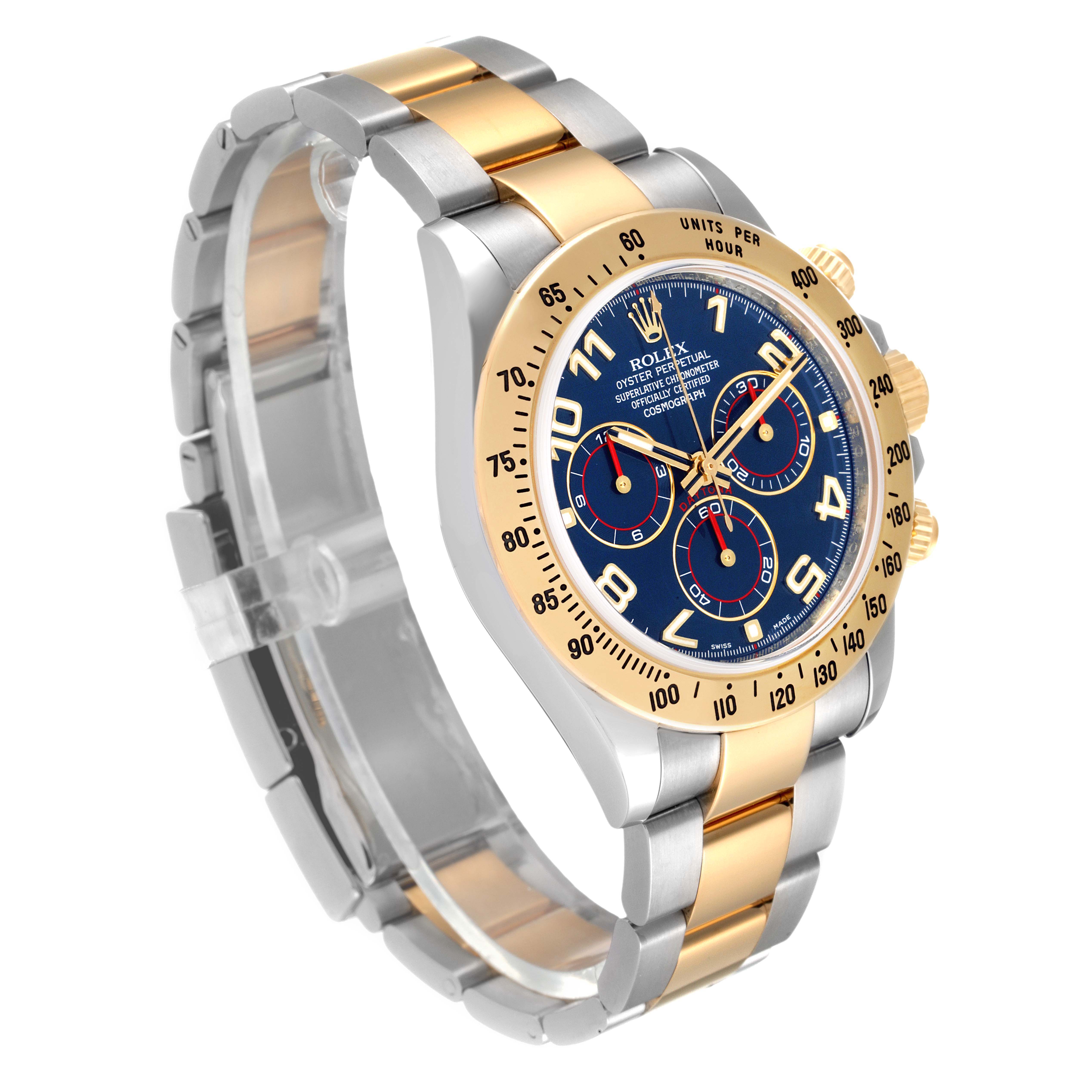This image shows a Rolex Daytona 116523 Men's Steel and Gold (two tone) Blue Dial 116523 Men's Steel and Gold (two tone) Blue Dial watch angled to display its face, bezel, dial, and two-tone bracelet.