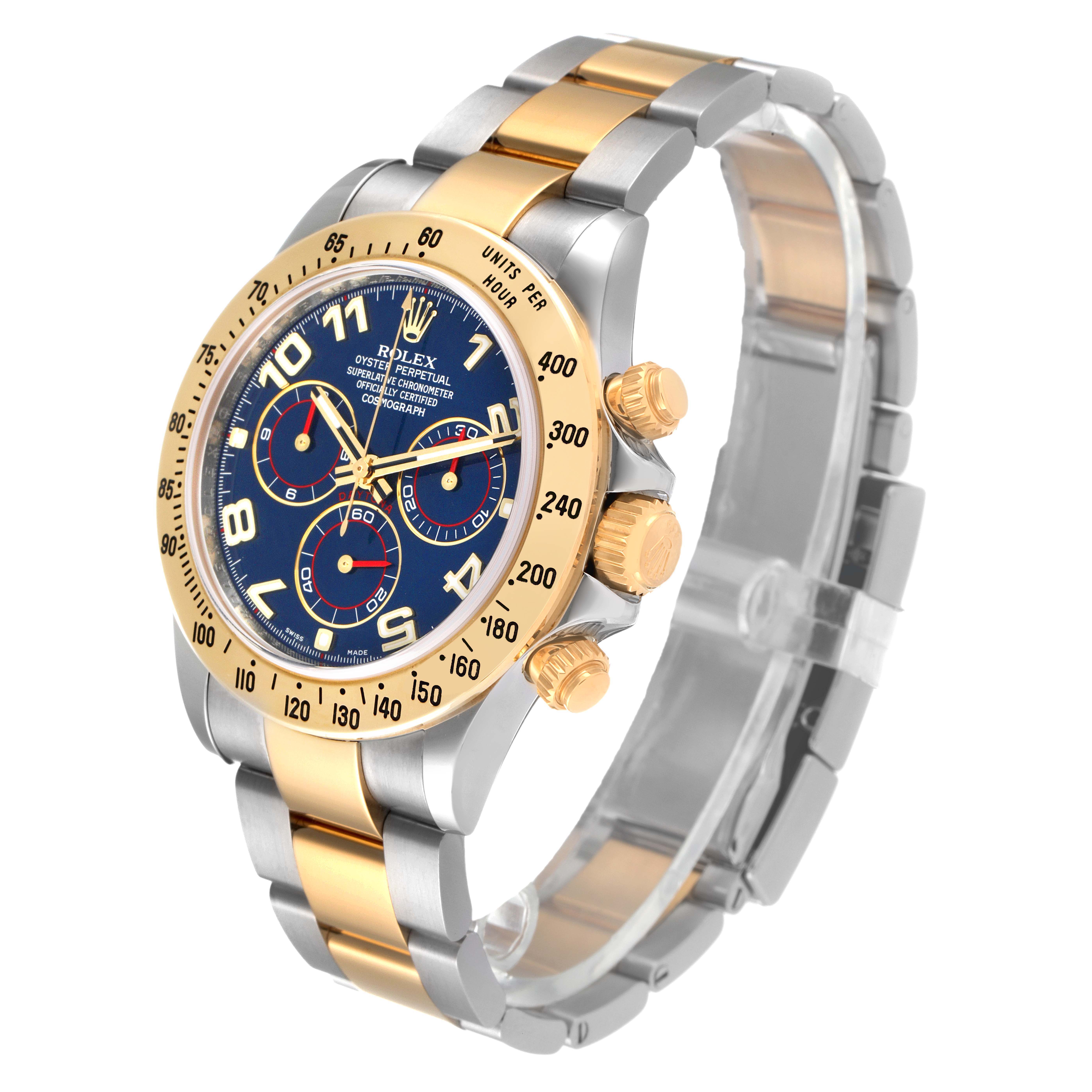 This image shows a Rolex Daytona 116523 Men's Steel and Gold (two tone) Blue Dial 116523 Men's Steel and Gold (two tone) Blue Dial watch at a three-quarter angle, highlighting the face, bezel, and bracelet.