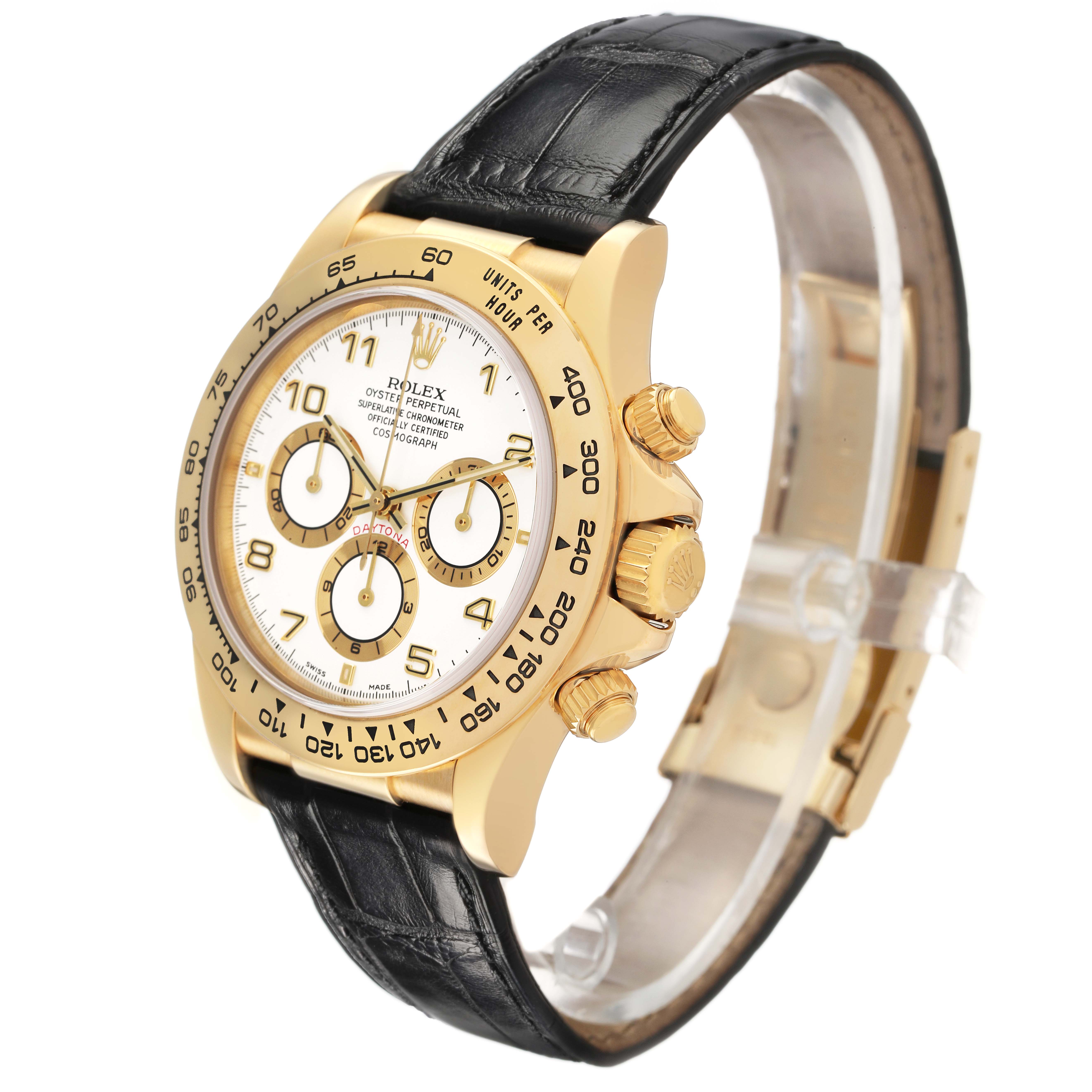 The Rolex Daytona 16518 Men's Yellow Gold White Dial watch is shown from a three-quarter angle, highlighting the dial, bezel, crown, and leather strap.