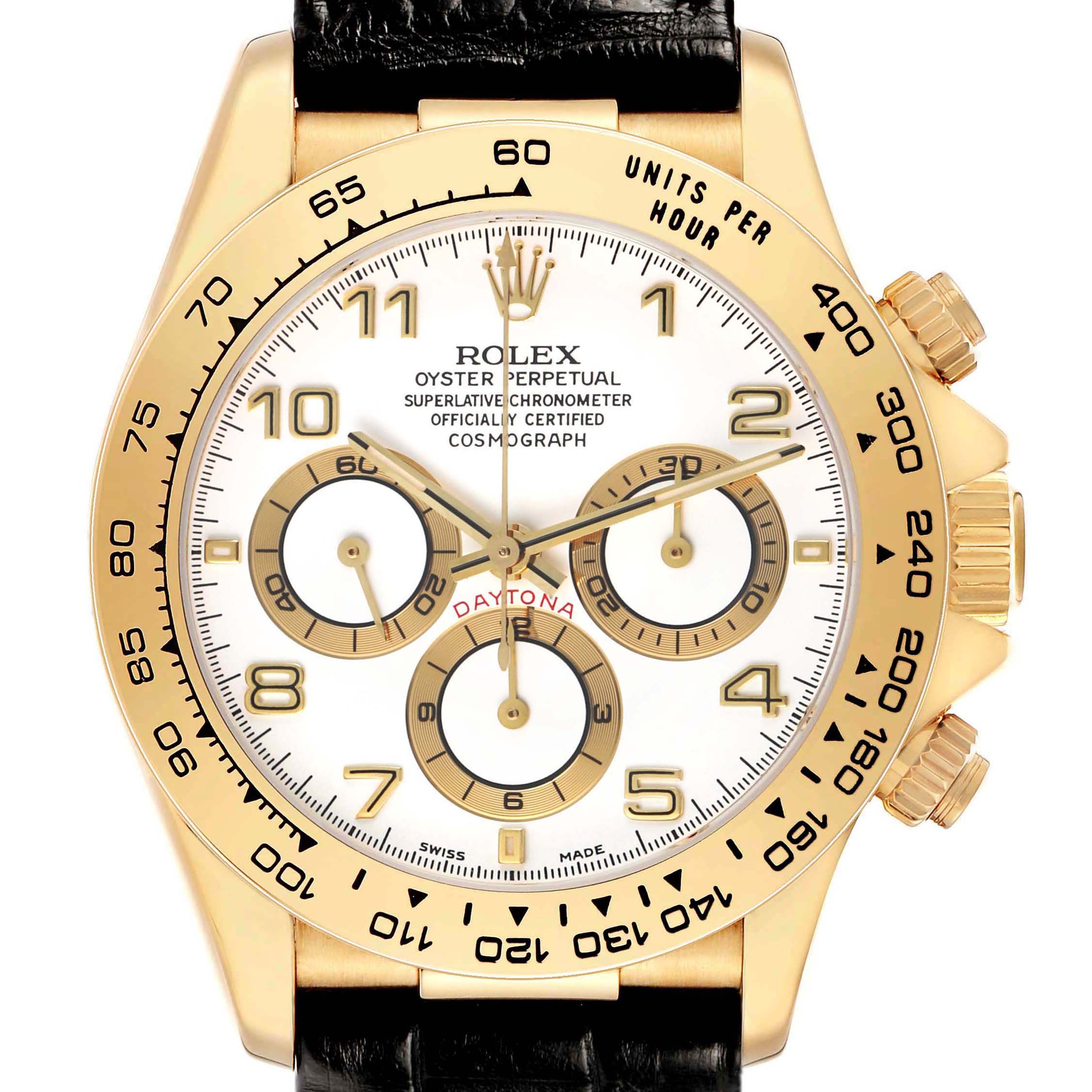 The image shows a frontal view of a Rolex Daytona 16518 Men's Yellow Gold White Dial watch, highlighting its dial, bezel, and side buttons.