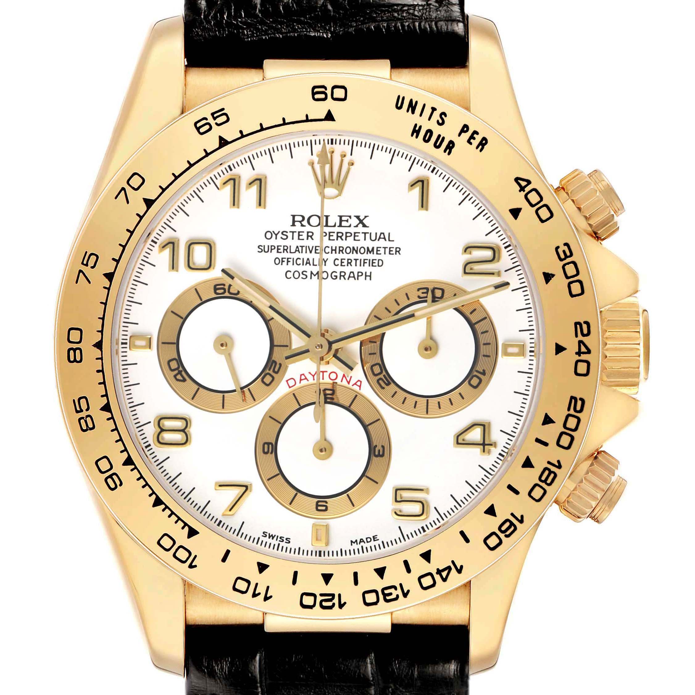 The Rolex Daytona 16518 Men's Yellow Gold White Dial watch is shown from the front, highlighting its face, bezel, dial, and side buttons with a leather strap.