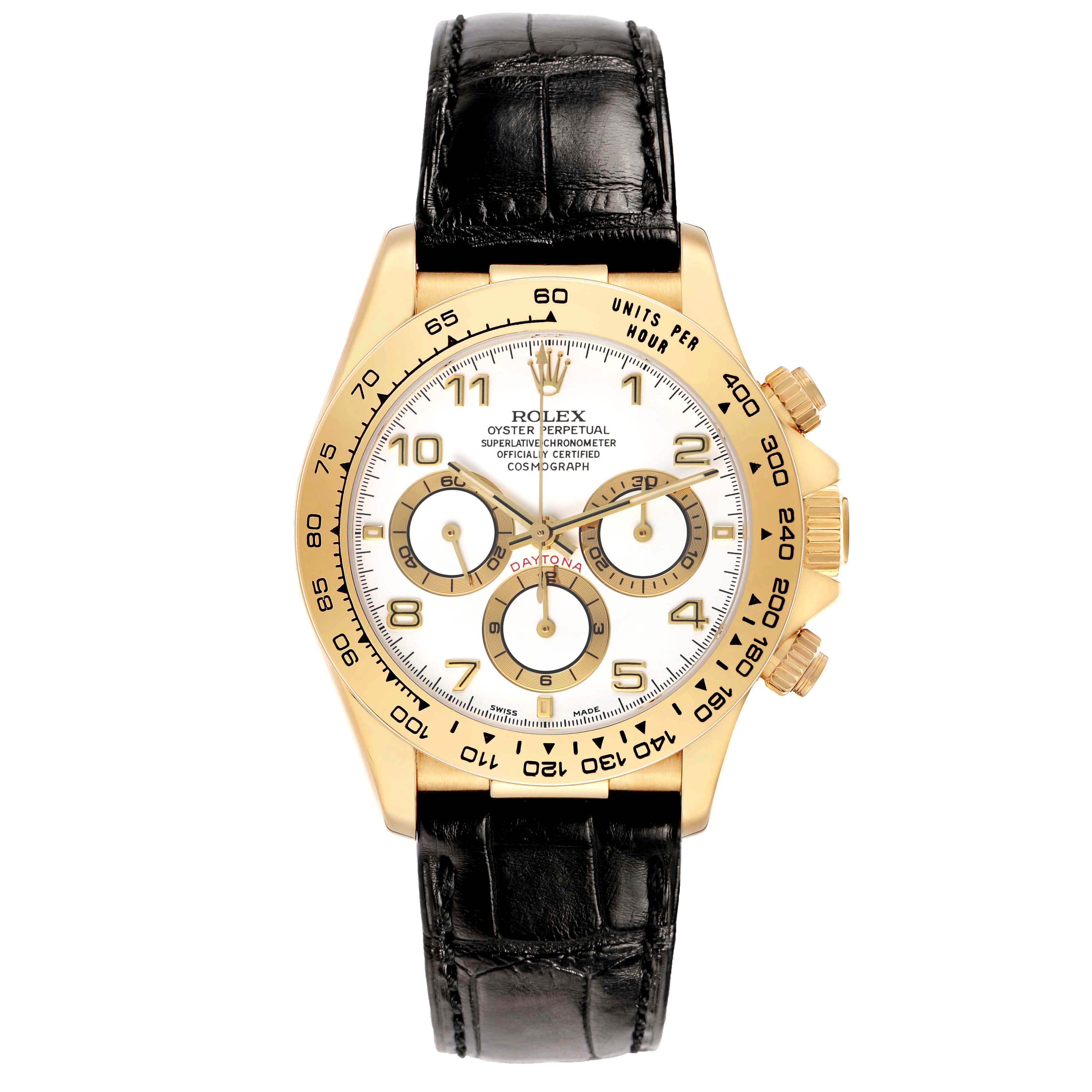 The Rolex Daytona 16518 Men's Yellow Gold White Dial watch is shown from a top view, displaying its gold case, white dial, and black leather strap.