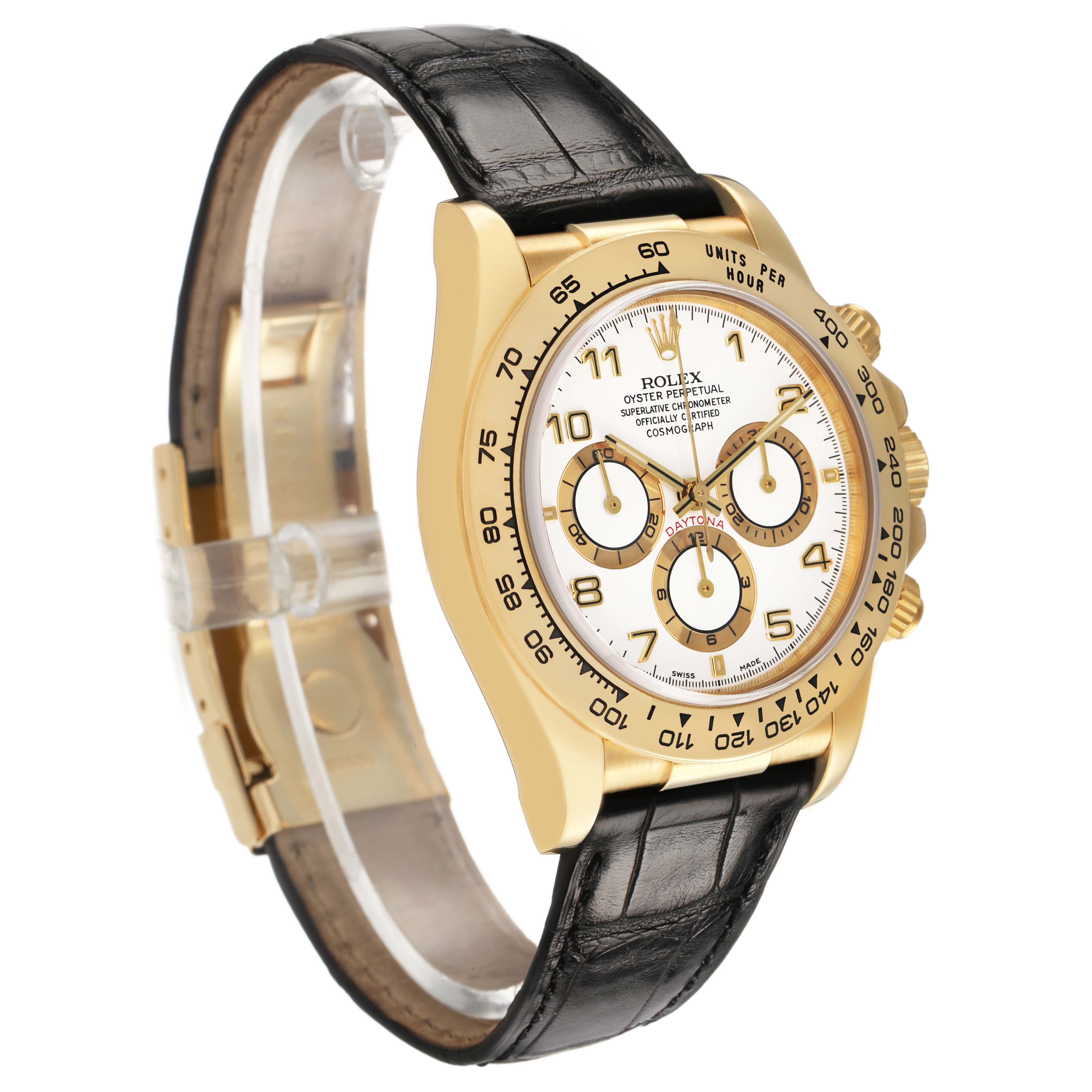 The Rolex Daytona 16518 Men's Yellow Gold White Dial watch is shown at a three-quarter angle, highlighting its gold case, leather strap, and dial with sub-dials.