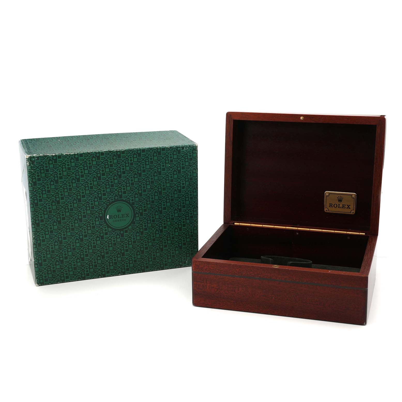 The image shows a green Rolex box and an open wooden case for a Rolex Daytona 16518 Men's Yellow Gold White Dial watch, viewed from the front.