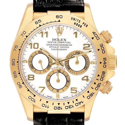 The image shows a front view of a Rolex Daytona 16518 Men's Yellow Gold White Dial watch, highlighting the dial, bezel, and chronograph sub-dials.