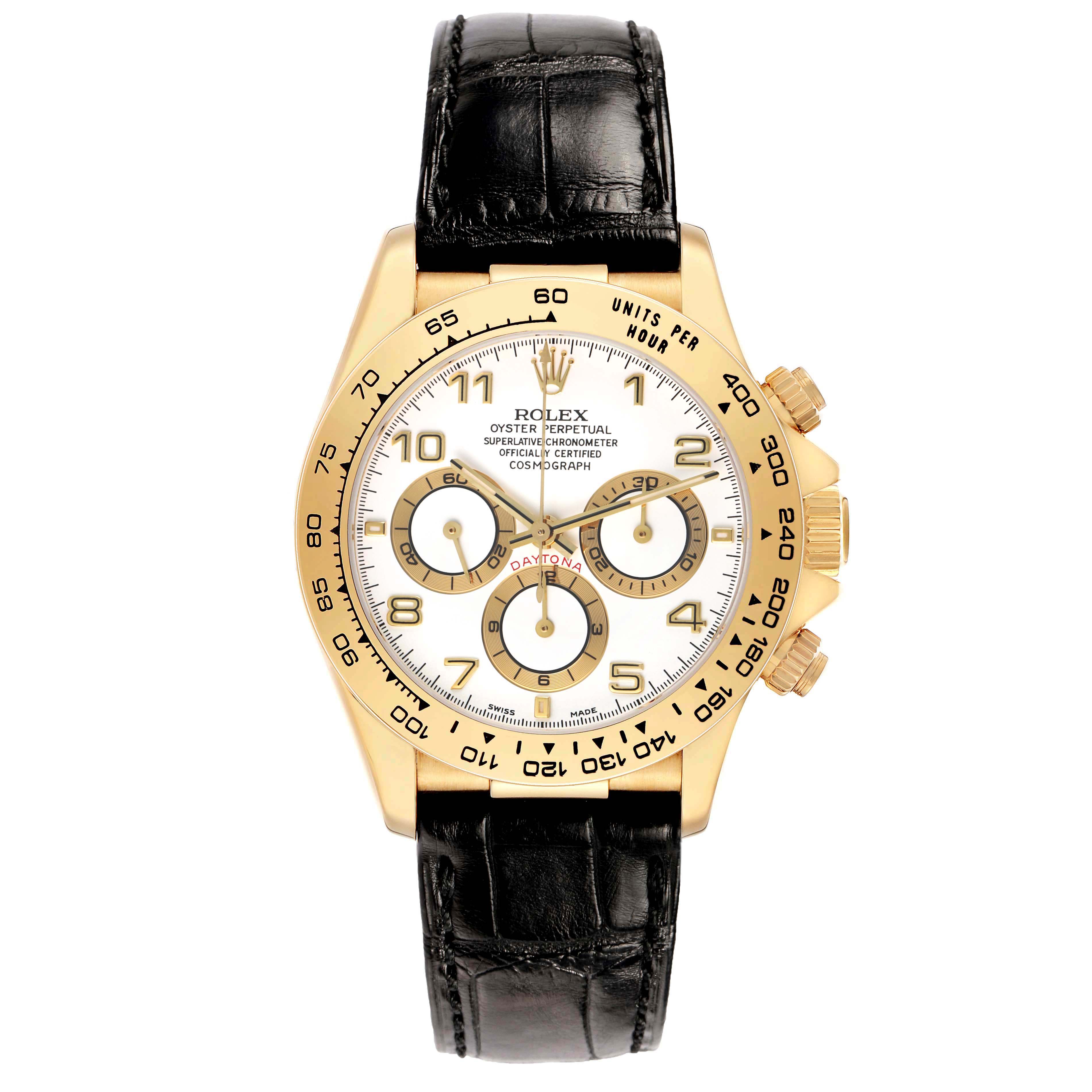 The Rolex Daytona 16518 Men's Yellow Gold White Dial watch is shown from a top-down angle, highlighting its face, dial, bezel, and leather strap.