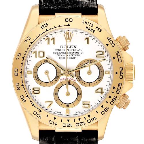 The Rolex Daytona 16518 Men's Yellow Gold White Dial watch is shown from a frontal angle, displaying the dial, bezel, crown, and subdials.