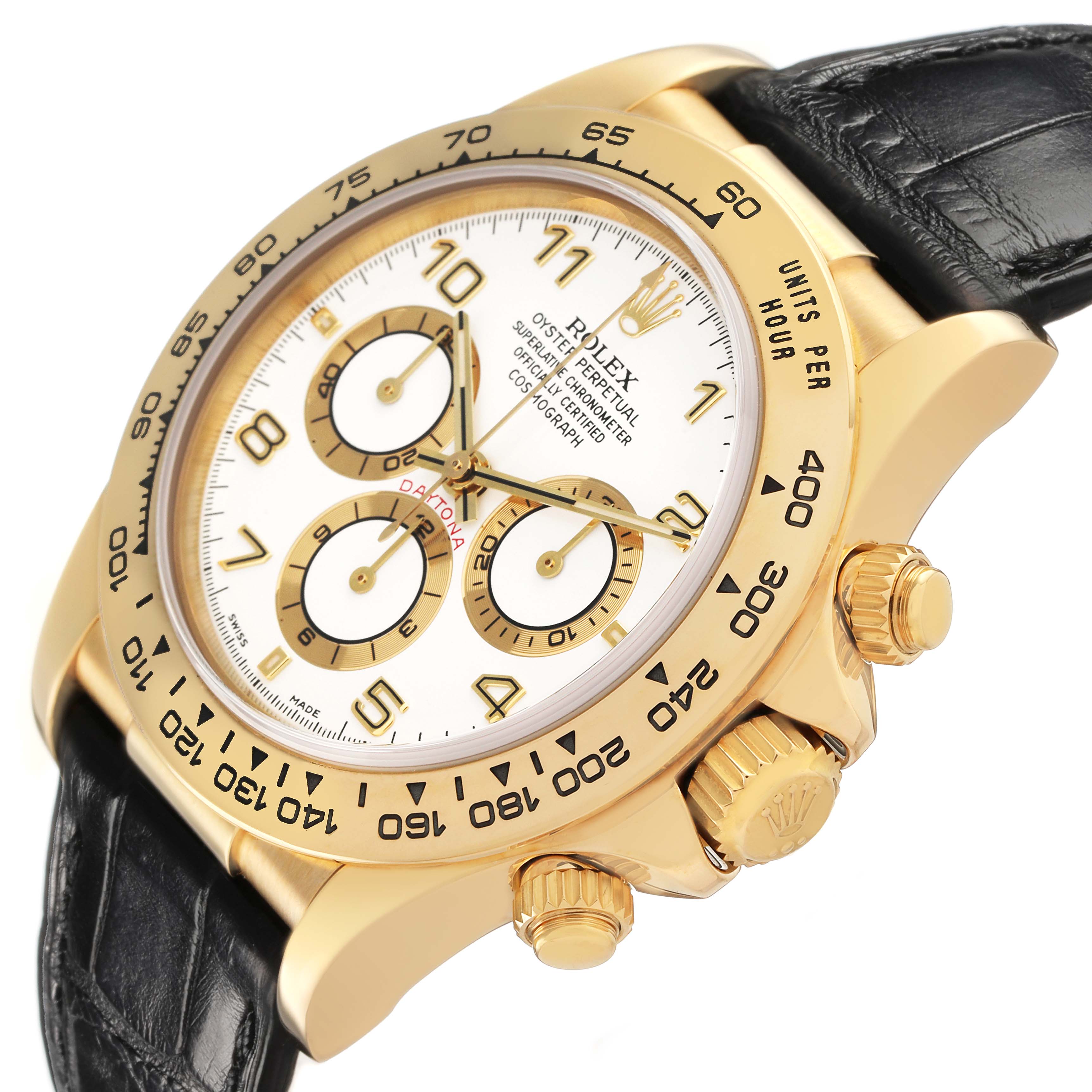 The Rolex Daytona 16518 Men's Yellow Gold White Dial watch is shown at an angle highlighting the face, bezel, crown, and pushers, with a focus on its gold and black band.