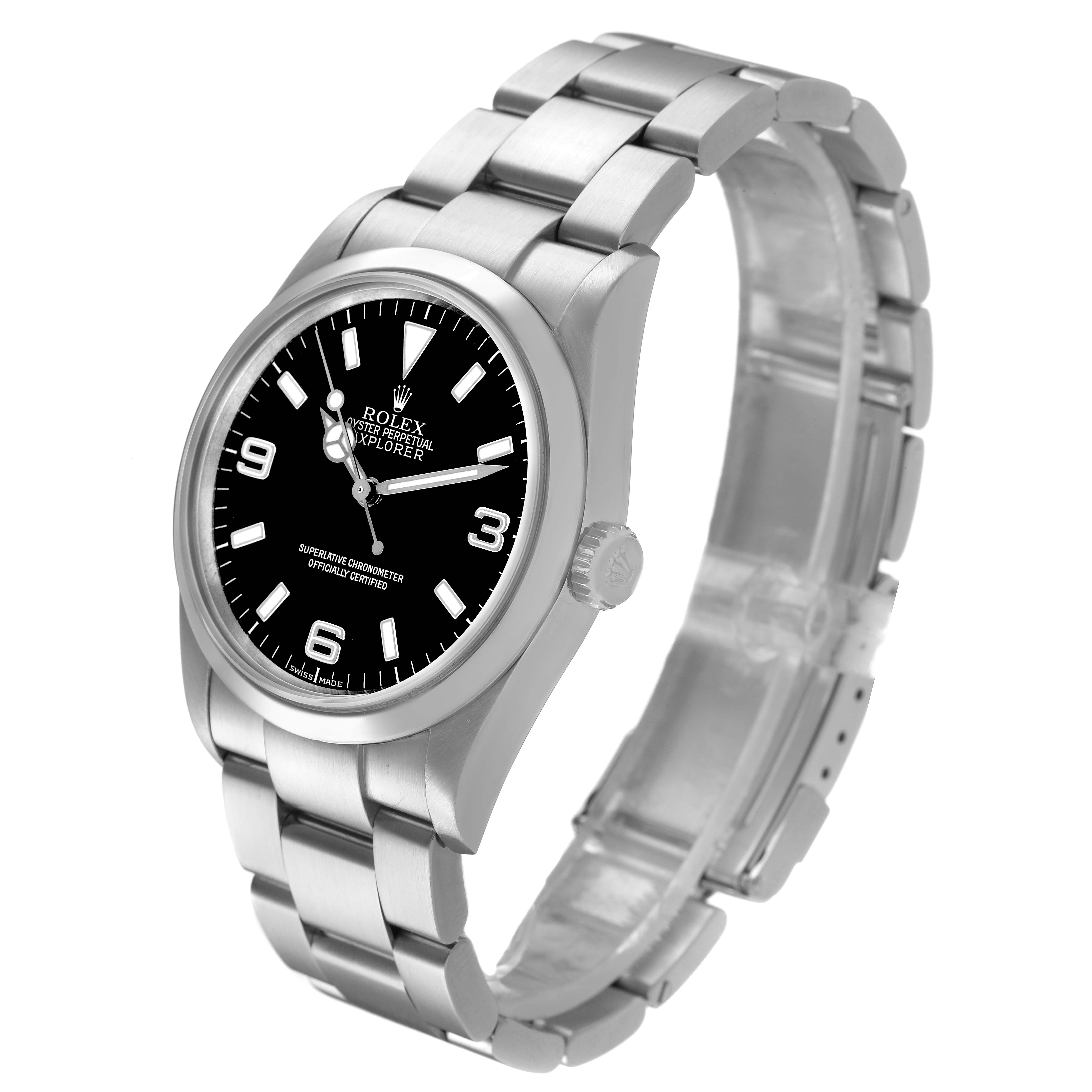 The Rolex Explorer 114270 Men's Stainless Steel Black Dial watch is shown at a three-quarter angle, highlighting the bracelet, case, and face with its distinct markers.