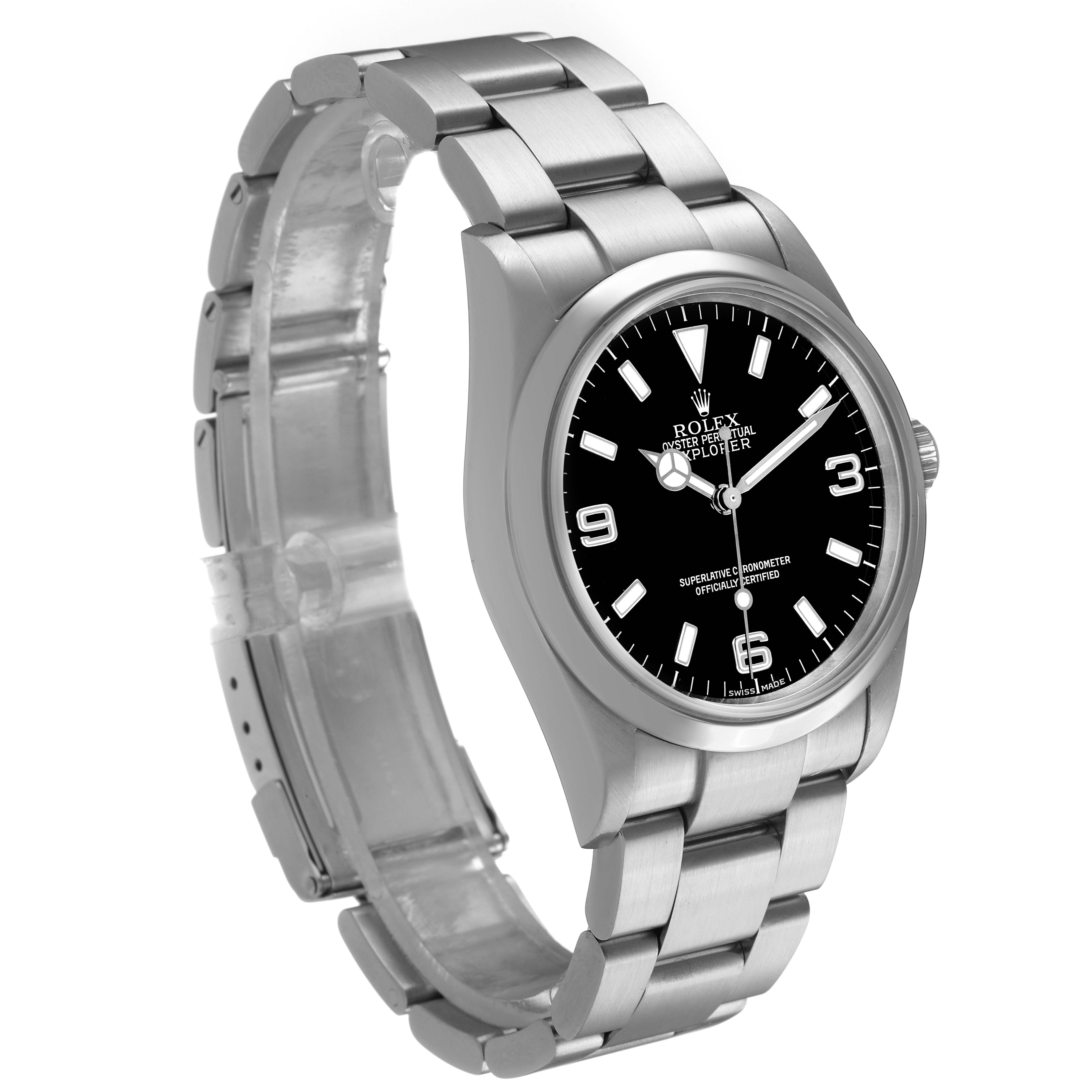 The Rolex Explorer 114270 Men's Stainless Steel Black Dial watch is shown from a three-quarter angle, highlighting the bracelet, bezel, and face.