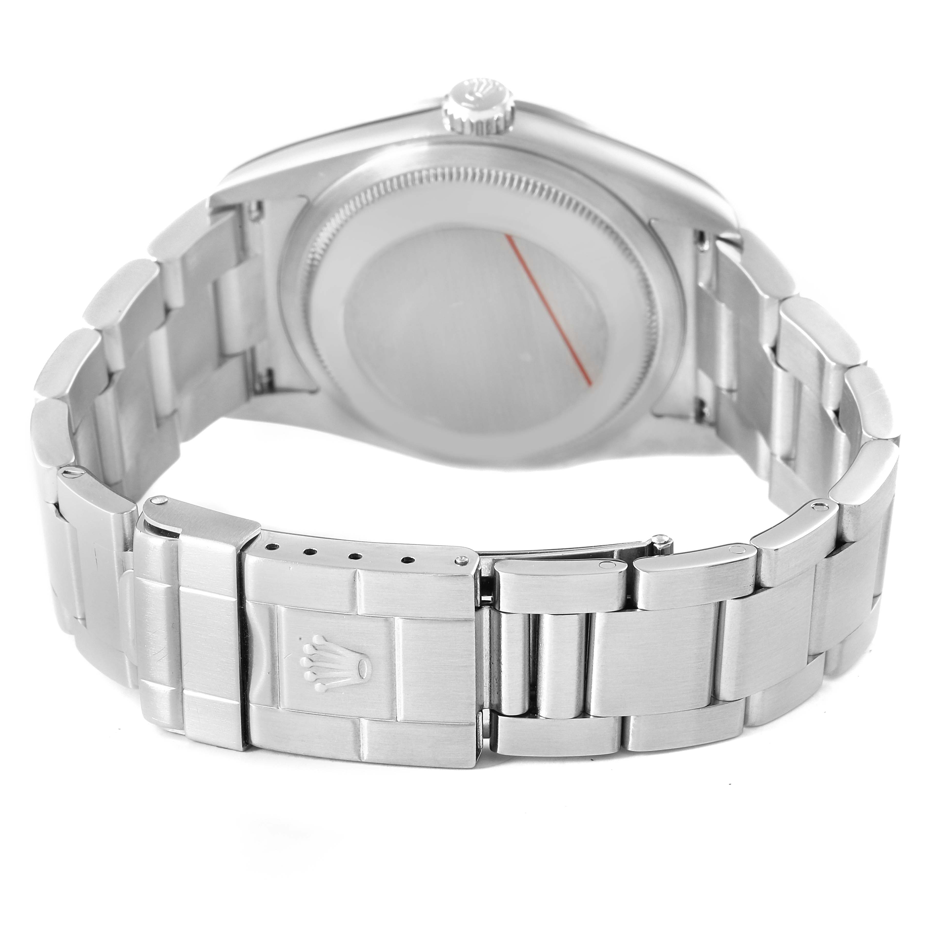 This image shows the back and clasp of a Rolex Explorer 114270 Men's Stainless Steel Black Dial watch, highlighting its stainless steel bracelet.