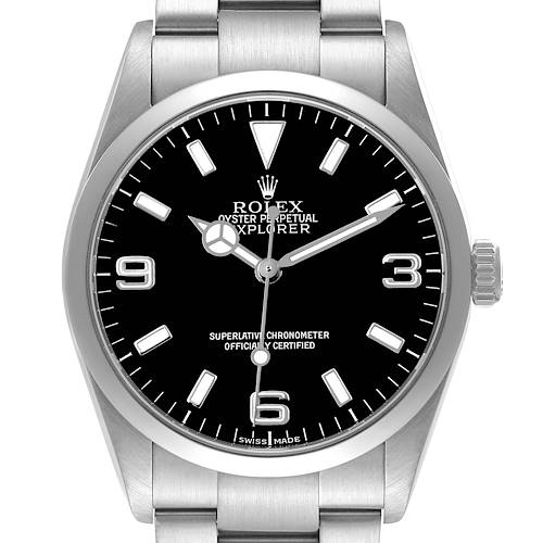 The image shows a front view of a Rolex Explorer 114270 Men's Stainless Steel Black Dial watch, highlighting the dial, hands, crown, and bracelet.
